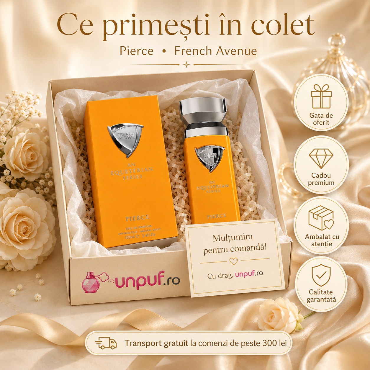 Ce primești &icirc;n colet Pierce French Avenue parfum arabesc bărbătesc ambalat cu atenție de unpuf.ro