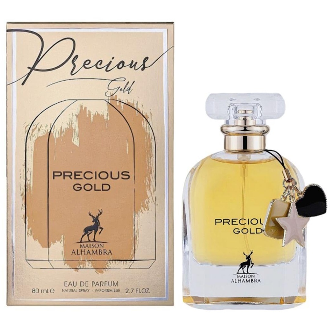 Precious Gold Maison Alhambra 80 ml sticlă și cutie produs pe fundal alb