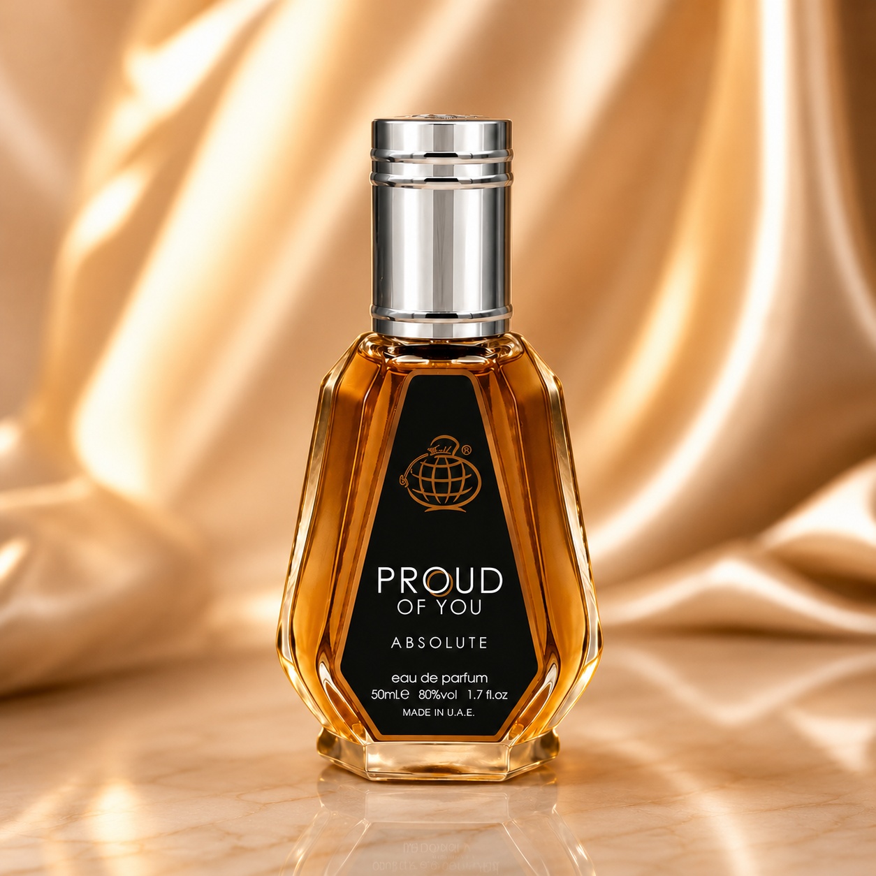 Flacon Proud of You Absolute Fragrance World 50 ml Apă de Parfum pentru bărbați cu lichid ambrat și capac argintiu