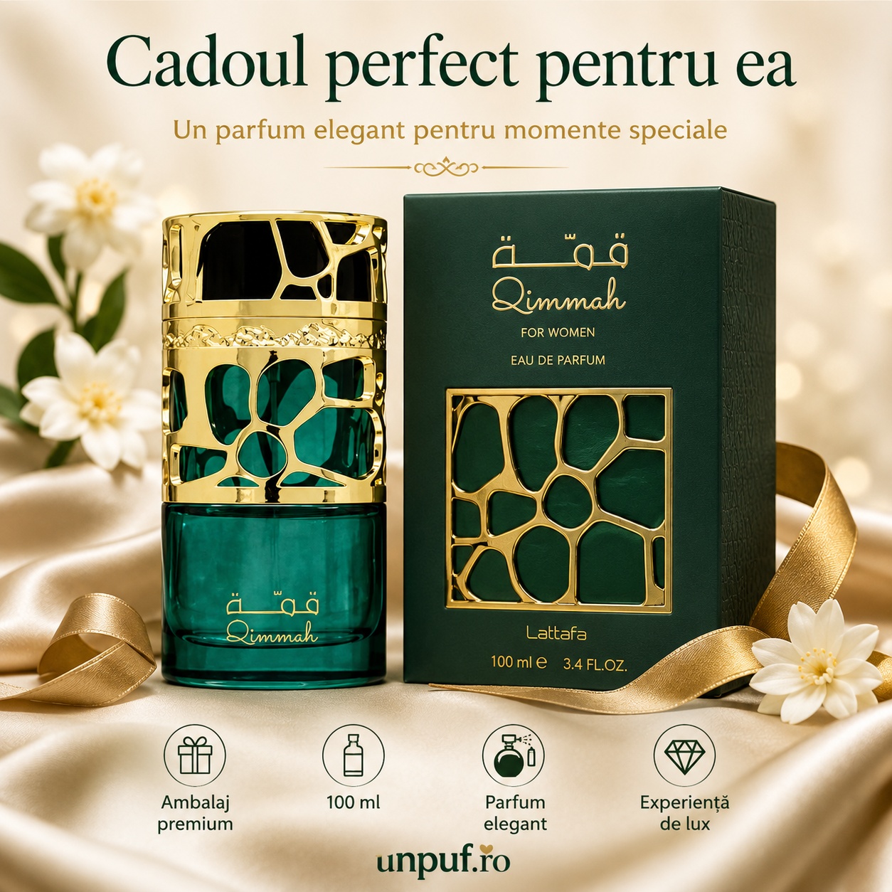 Parfum Qimmah For Women Lattafa potrivit pentru zi seară &icirc;nt&acirc;lniri speciale și momente elegante