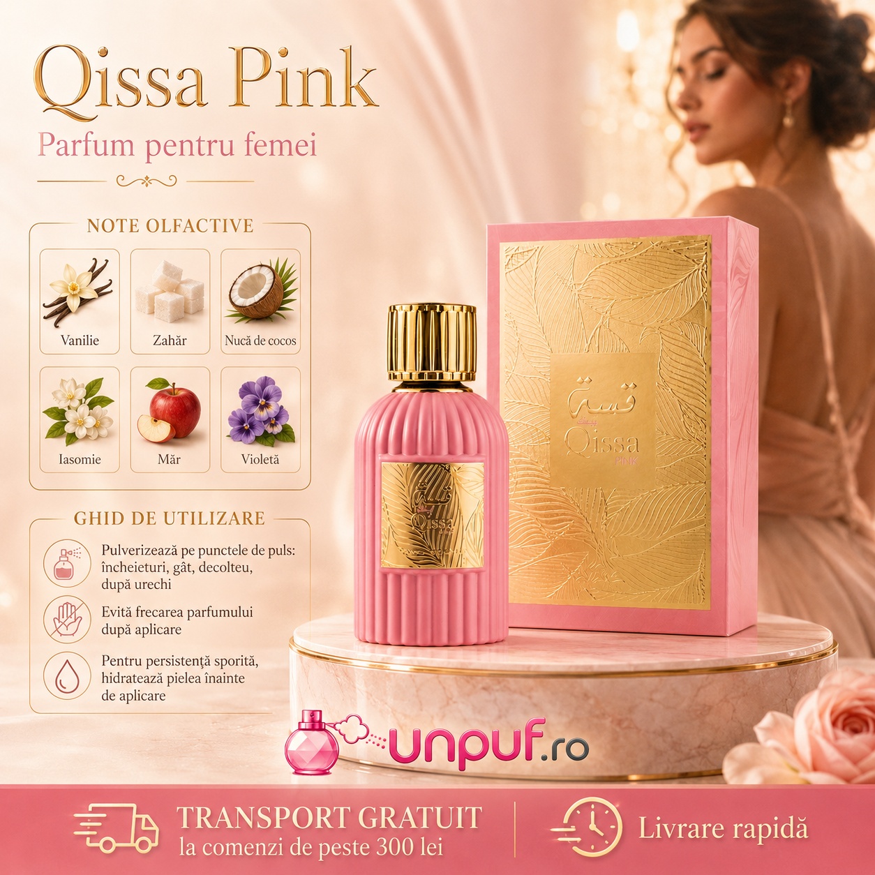 Prezentare parfum Qissa Pink Paris Corner cu note de vanilie zahăr nucă de cocos iasomie măr și violetă