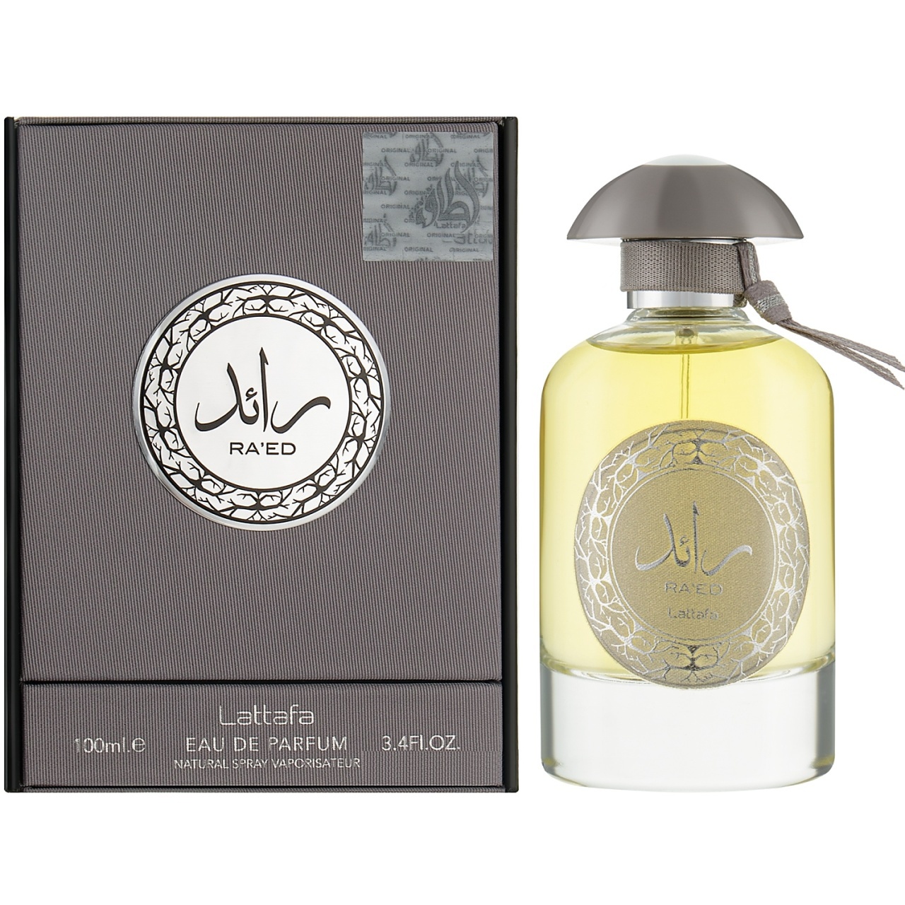 Ra'Ed Lattafa 100 ml flacon și cutie produs pe fundal alb