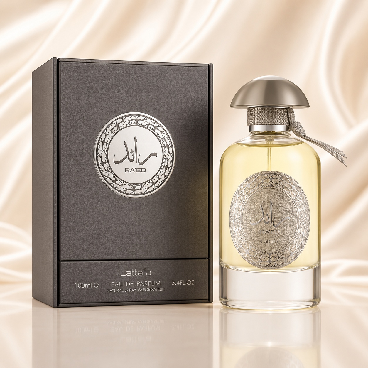 Parfum Arăbesc Ra'Ed Lattafa EDP 100 ml Bărbat cu flacon luminos, medalion argintiu și cutie gri taupe premium