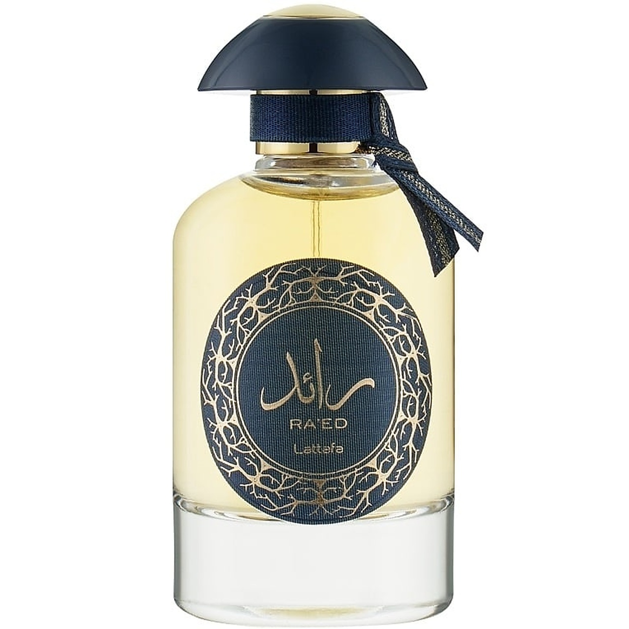 Flacon Ra&rsquo;Ed Luxe Gold Lattafa 100 ml cu lichid auriu, etichetă bleumarin și capac elegant