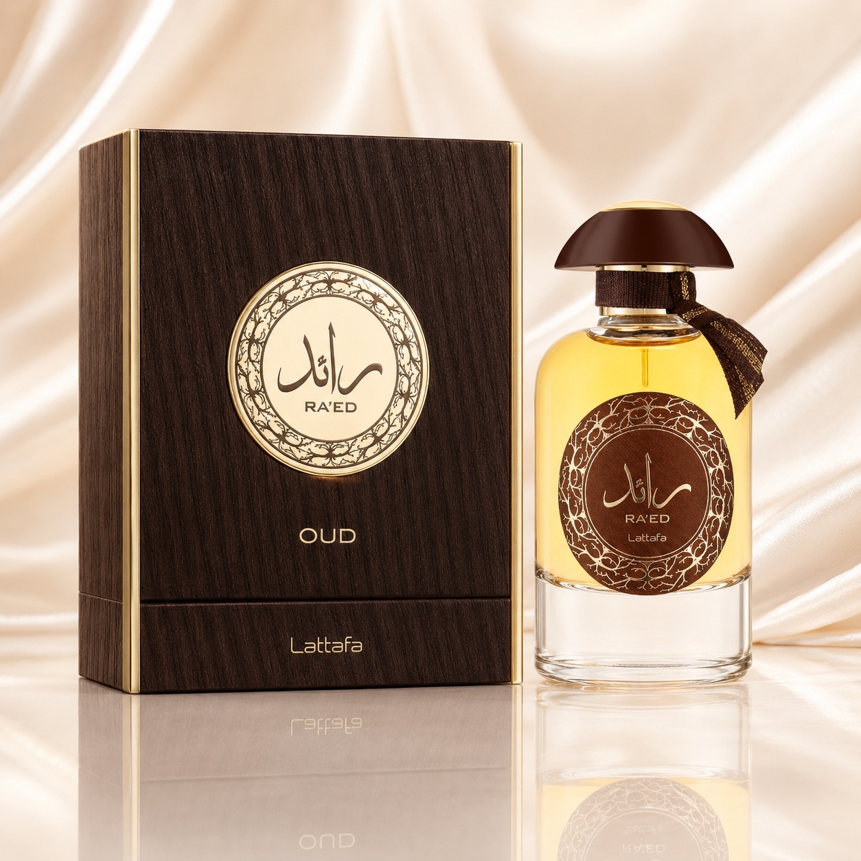 Parfum Arăbesc Ra'Ed Oud Lattafa EDP 100 ml Bărbat cu flacon auriu, etichetă maro, capac brun și cutie cu aspect lemnos premium