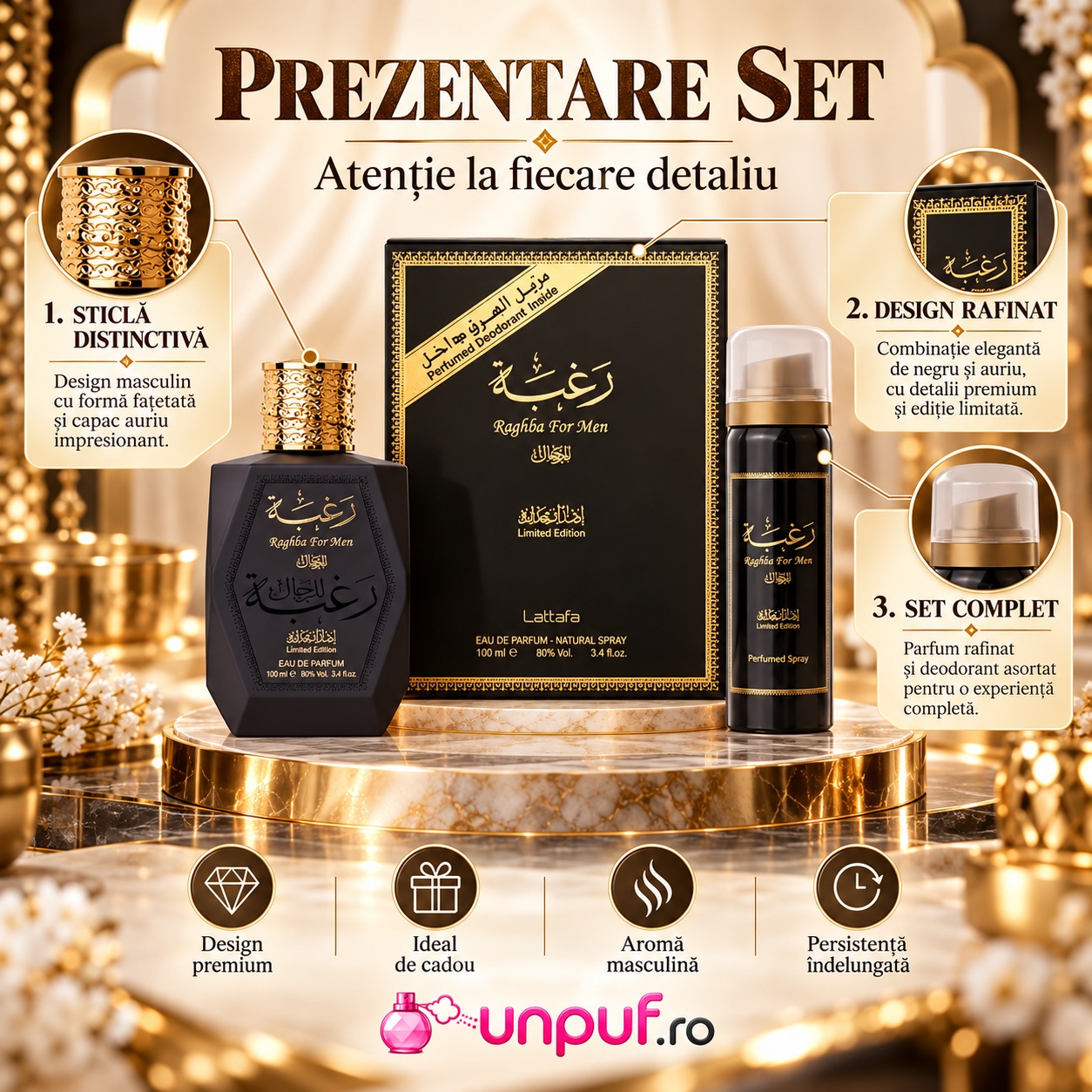 Prezentare set Raghba For Man Lattafa cu parfum deodorant cutie premium și detalii aurii masculine
