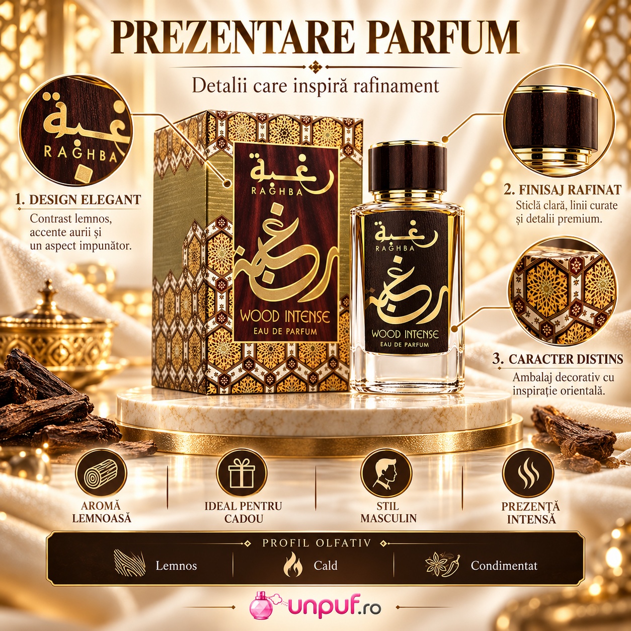 Prezentare Raghba Wood Intense Lattafa cu flacon cutie detalii aurii și profil oriental lemnos