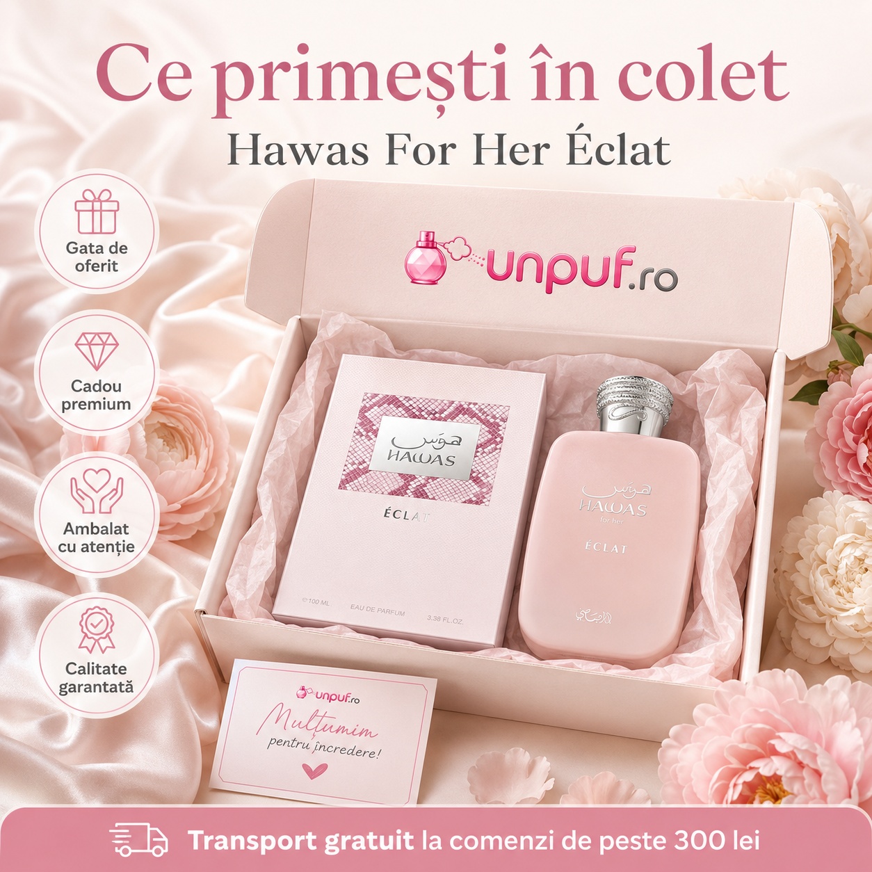 Ce primești în colet la parfumul Rasasi Hawas Eclat, ambalaj premium și gata de oferit cadou