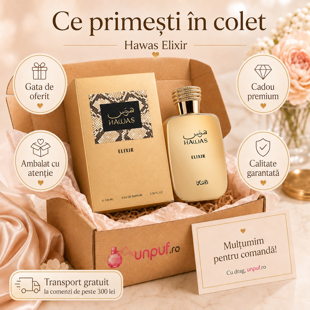 Ce primești în colet la parfumul Rasasi Hawas Elixir, ambalaj premium și gata de oferit cadou