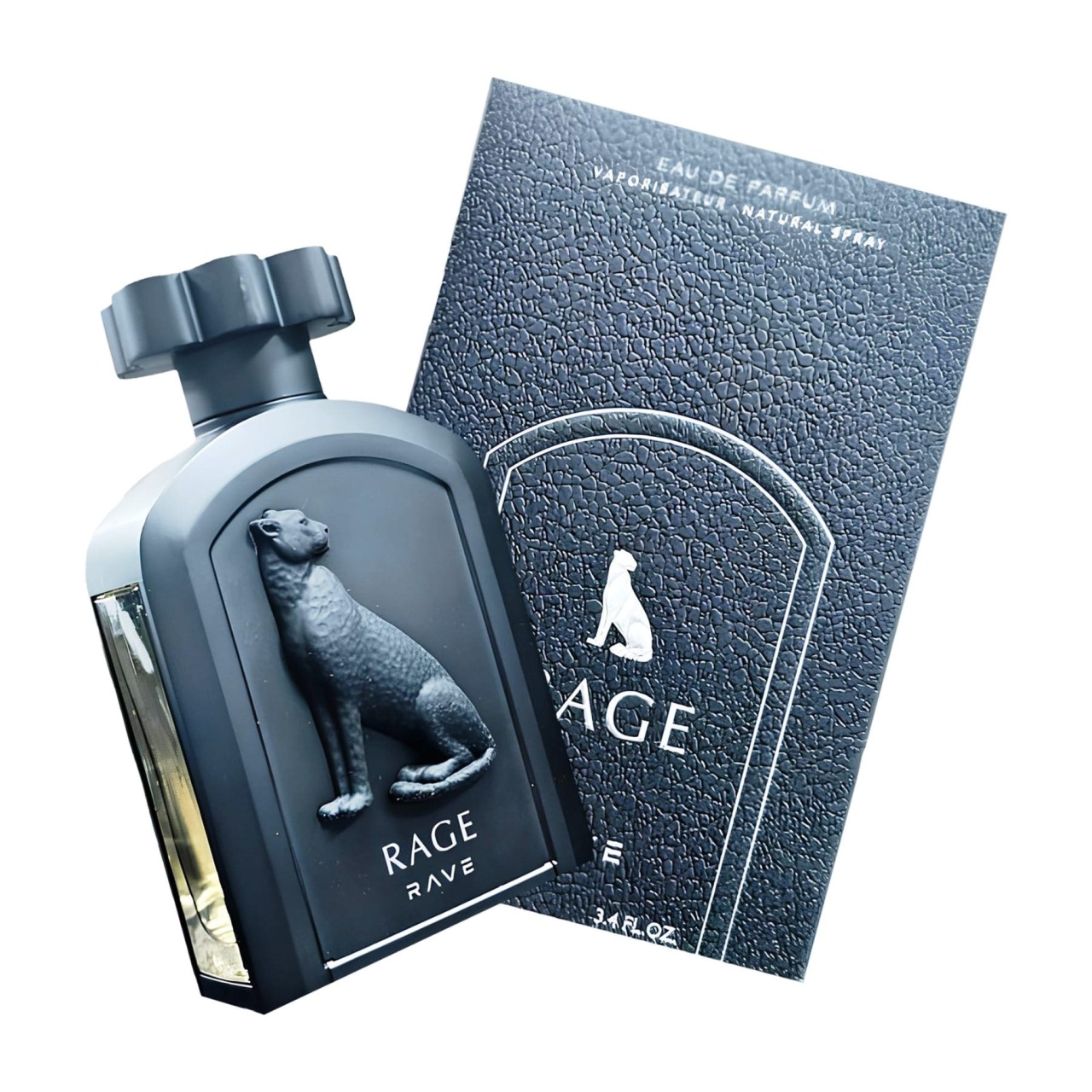 Rave Rage by Lattafa 100ml cu sticlă și cutie pe fundal alb, prezentare completă produs