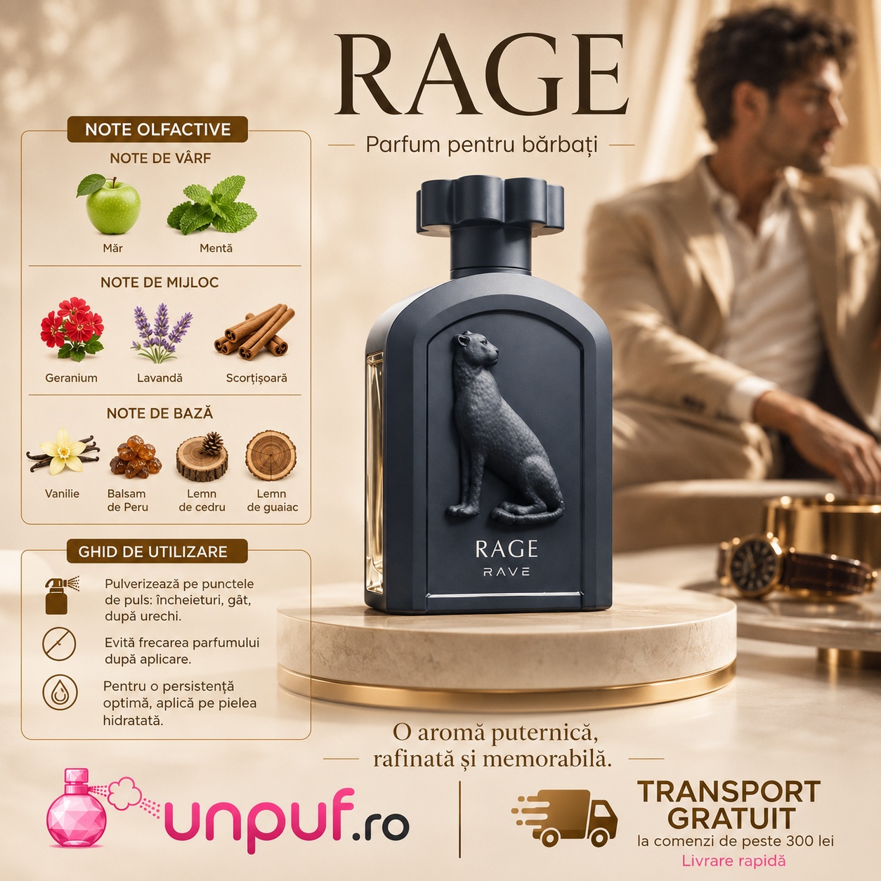 Rave Rage note olfactive și ghid de utilizare cu măr, mentă, geranium, lavandă, scorțișoară, vanilie, balsam de Peru, cedru și lemn de guaiac