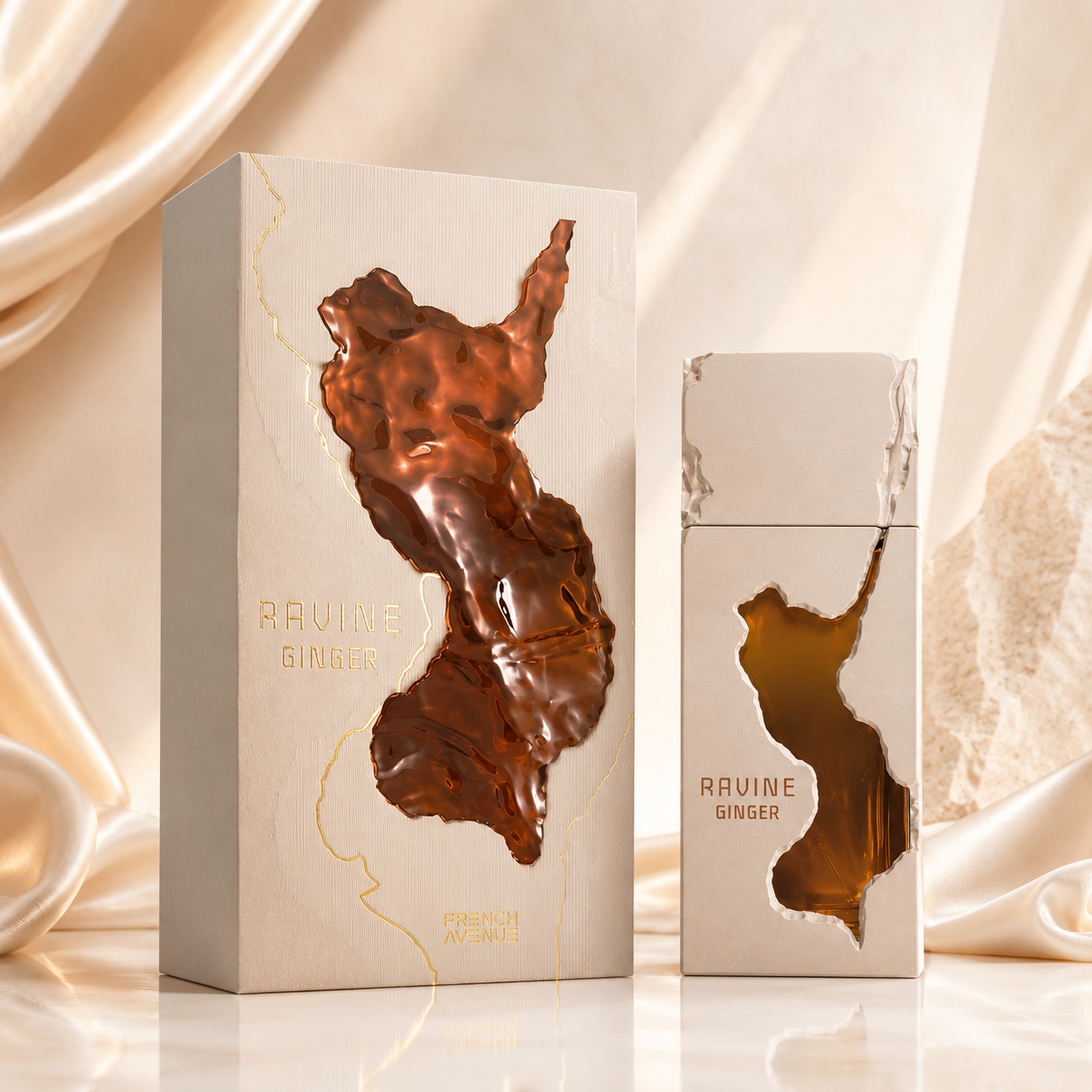 Parfum Arăbesc Ravine Ginger French Avenue EDP 100 ml Unisex cu flacon crem sculptural, interior chihlimbar și cutie premium