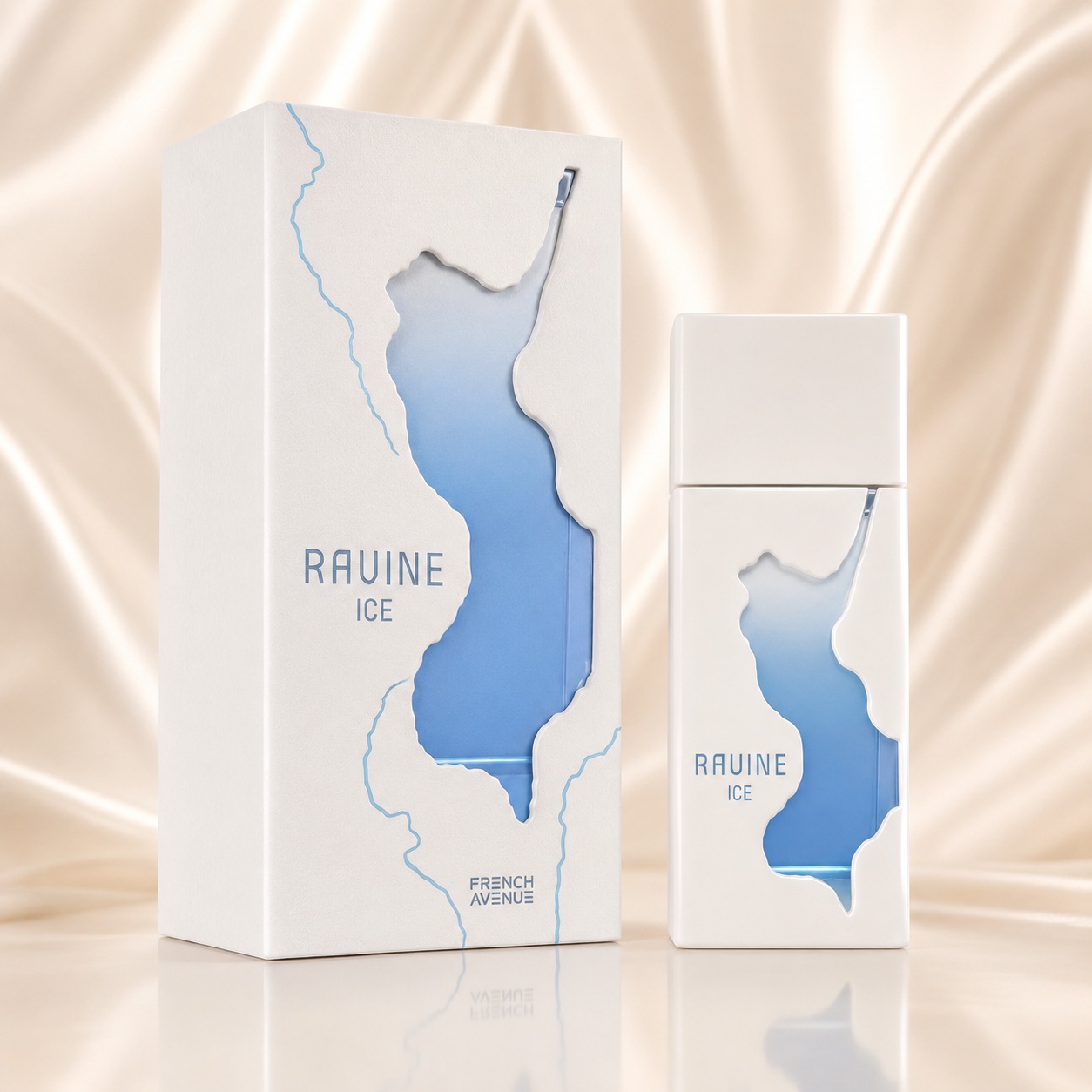 Parfum Arăbesc Ravine Ice French Avenue EDP 100 ml Unisex cu flacon alb glaciar, inserție bleu acvatic și cutie premium