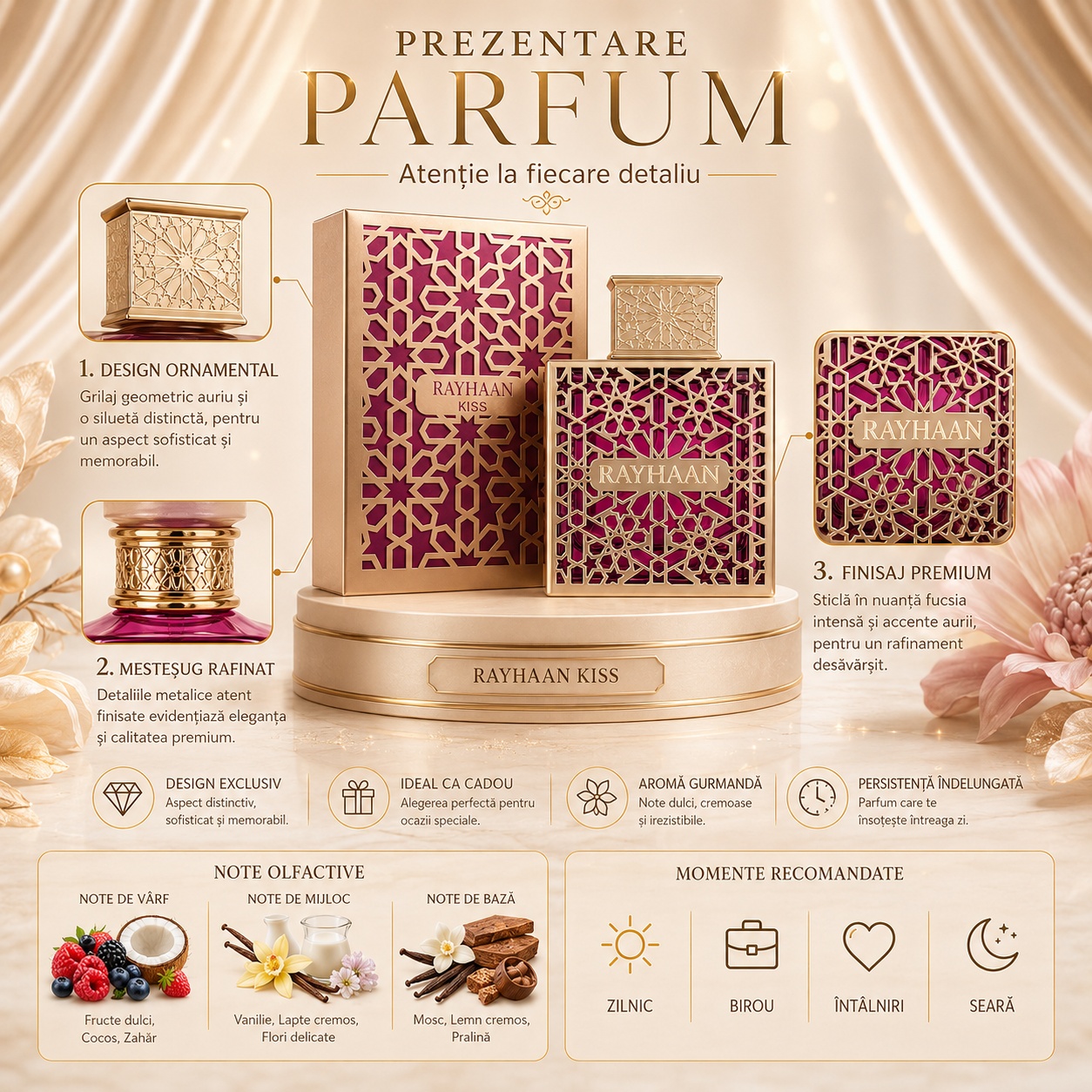 Prezentare Rayhaan Kiss cu design ornamental, note olfactive dulci și momente recomandate