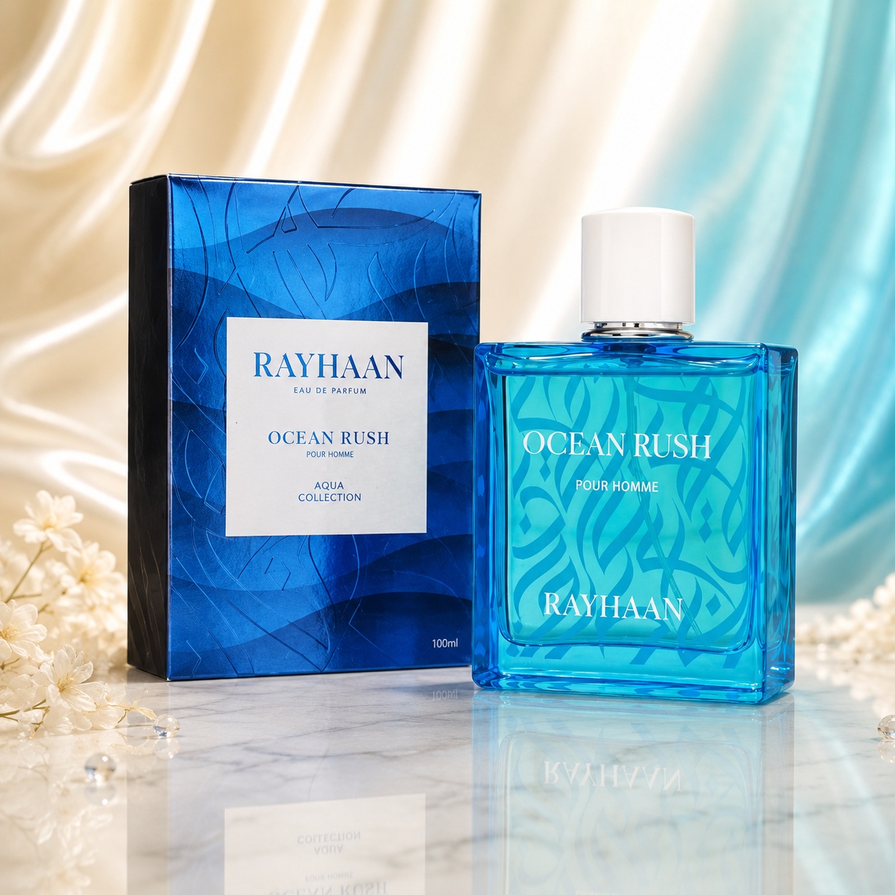 Parfum Arăbesc Rayhaan Ocean Rush Men EDP 100 ml Bărbat cu flacon albastru acvatic, capac alb și cutie premium
