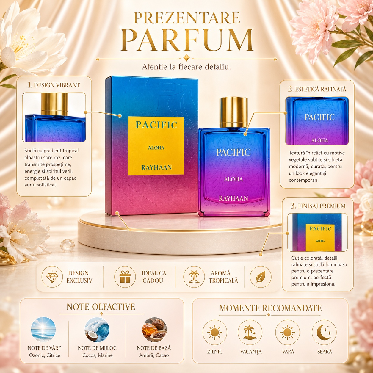 Prezentare Rayhaan Pacific Aloha cu design vibrant, aromă tropicală și note olfactive ozonice, citrice, cocos, marine, ambră și cacao