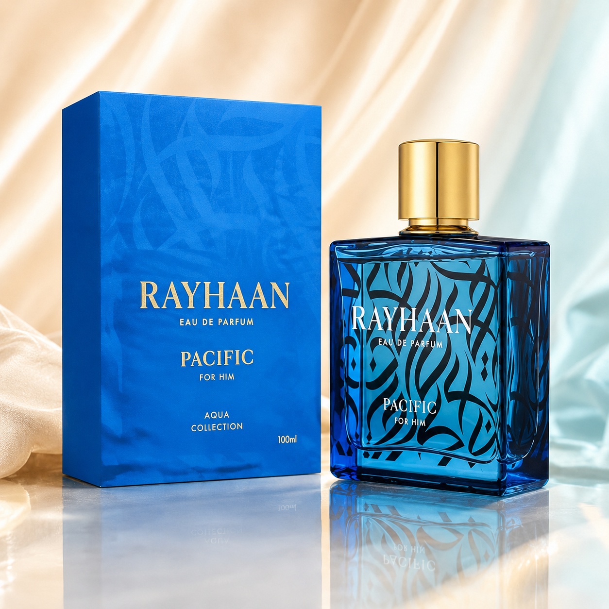 Parfum Arăbesc Rayhaan Pacific Men EDP 100 ml Bărbat cu flacon albastru acvatic, capac auriu și cutie premium
