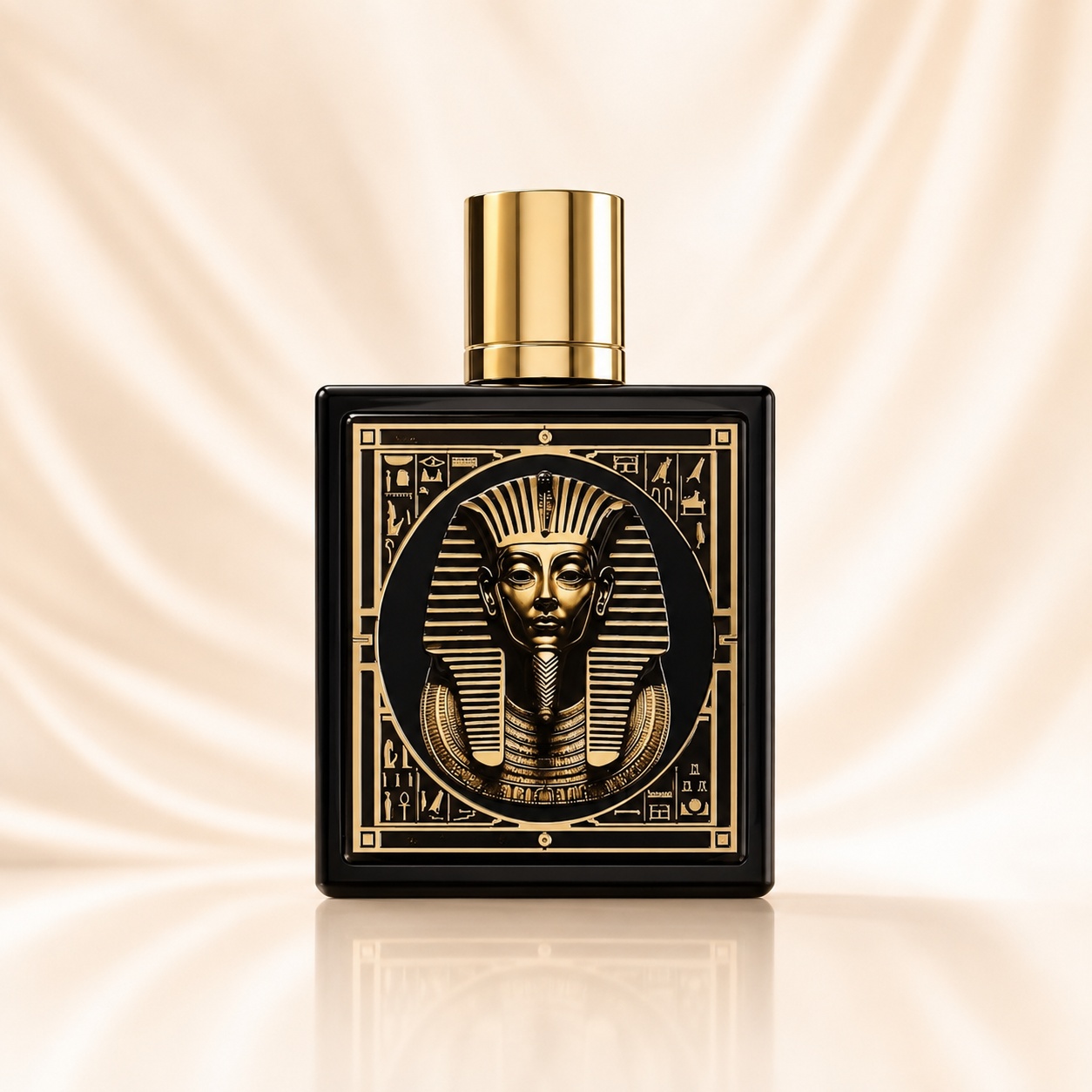 Sticlă Rayhaan Pharaoh cu design negru lucios, capac auriu și emblemă inspirată de faraon