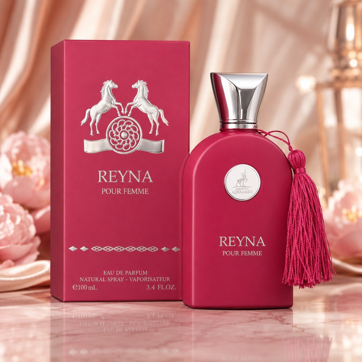 Parfum Arăbesc Reyna Pour Femme Maison Alhambra EDP 100 ml Damă cu flacon roz zmeură, capac argintiu și cutie premium
