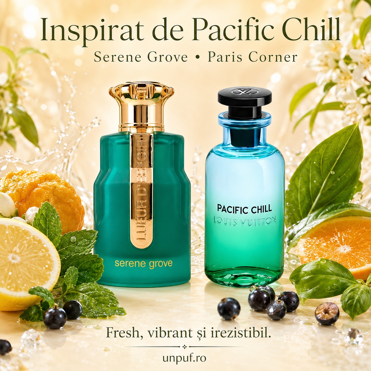 Serene Grove Lueur D&rsquo;Espoir inspirat din Pacific Chill Louis Vuitton parfum fresh verde și vibrant