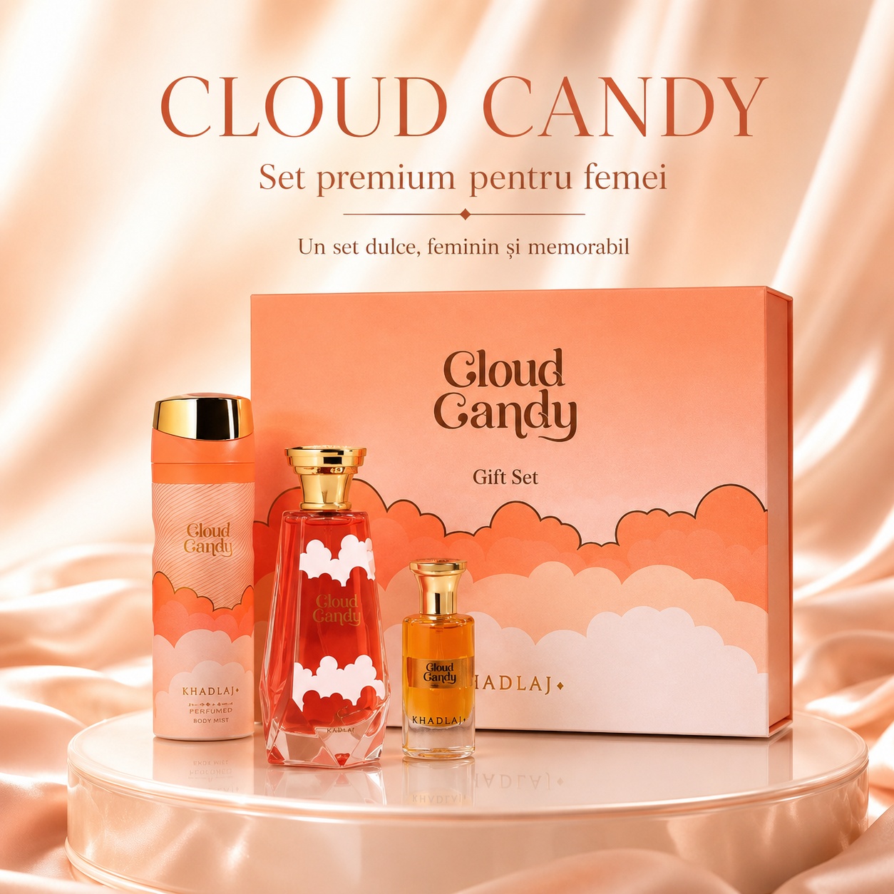 Khadlaj Cloud Candy set cadou feminin cu parfum, body spray și ulei de parfum
