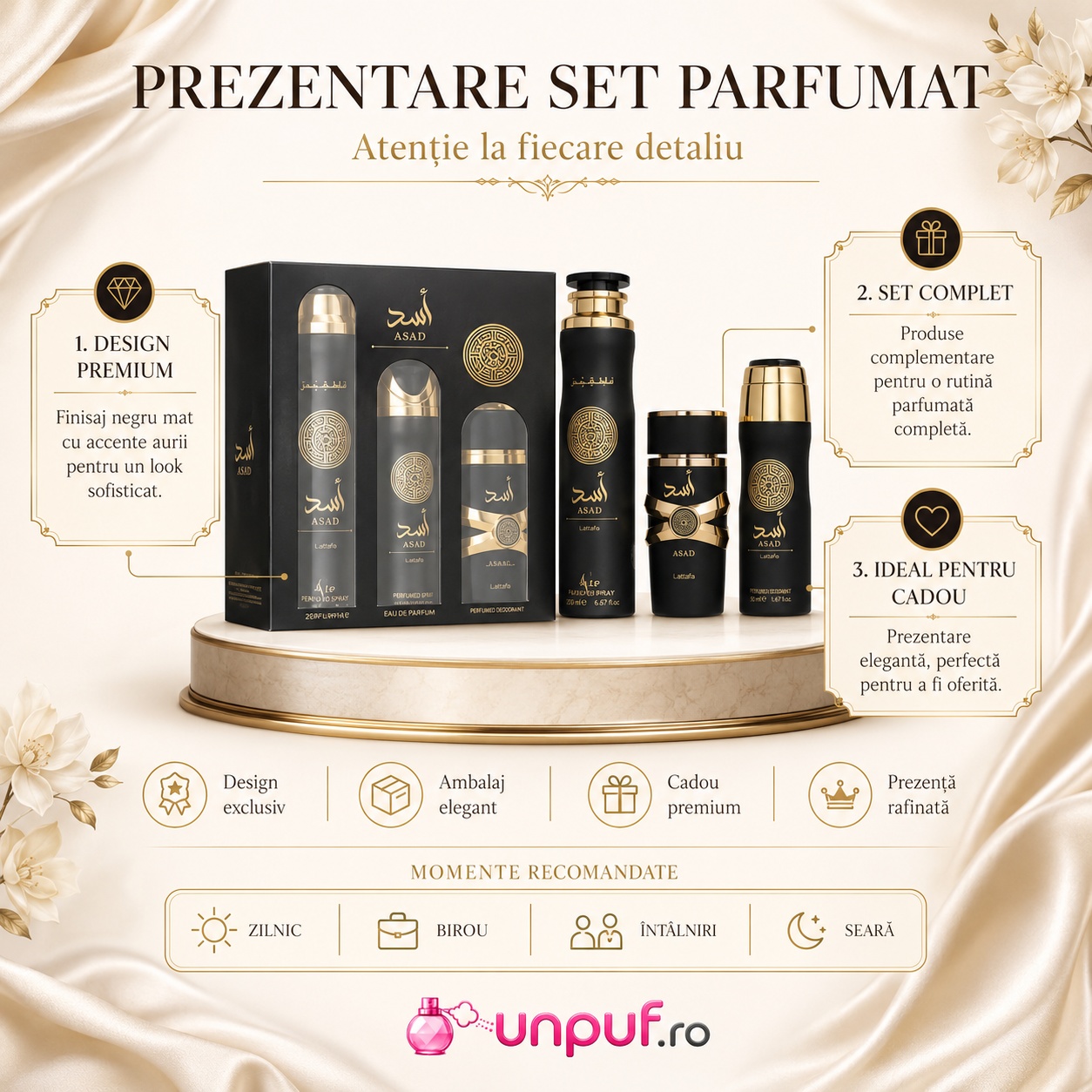 Prezentare Lattafa Asad 3 Pcs cu parfum 100 ml, spray de călătorie și body shower