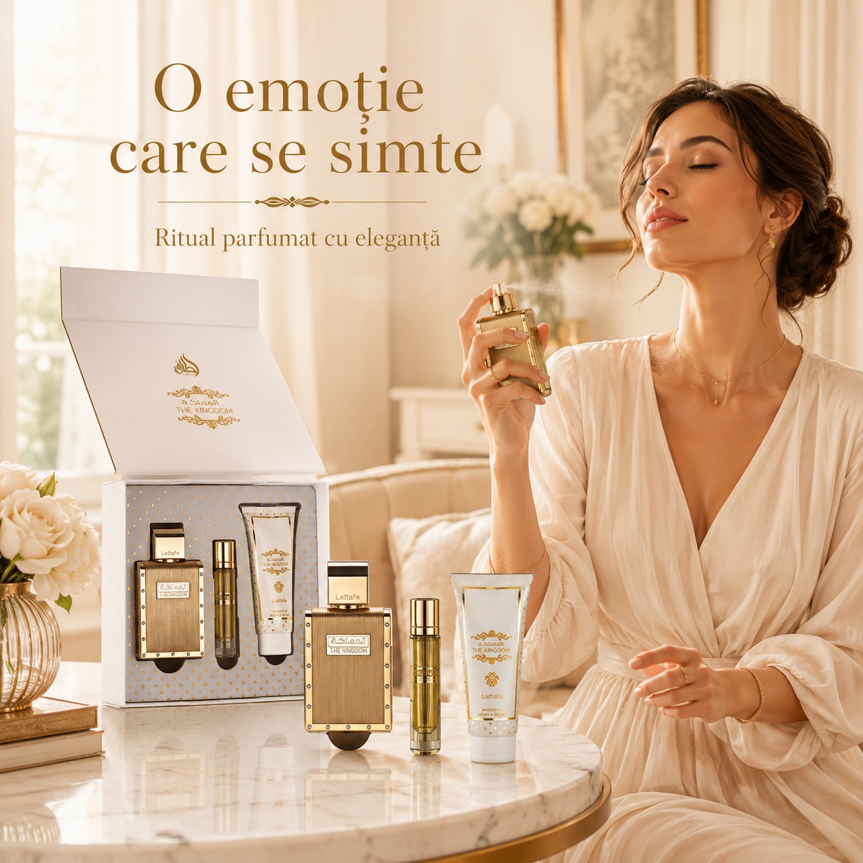 Ce primești în setul Lattafa Kingdom For Man, parfum 100 ml, travel spray și shower gel