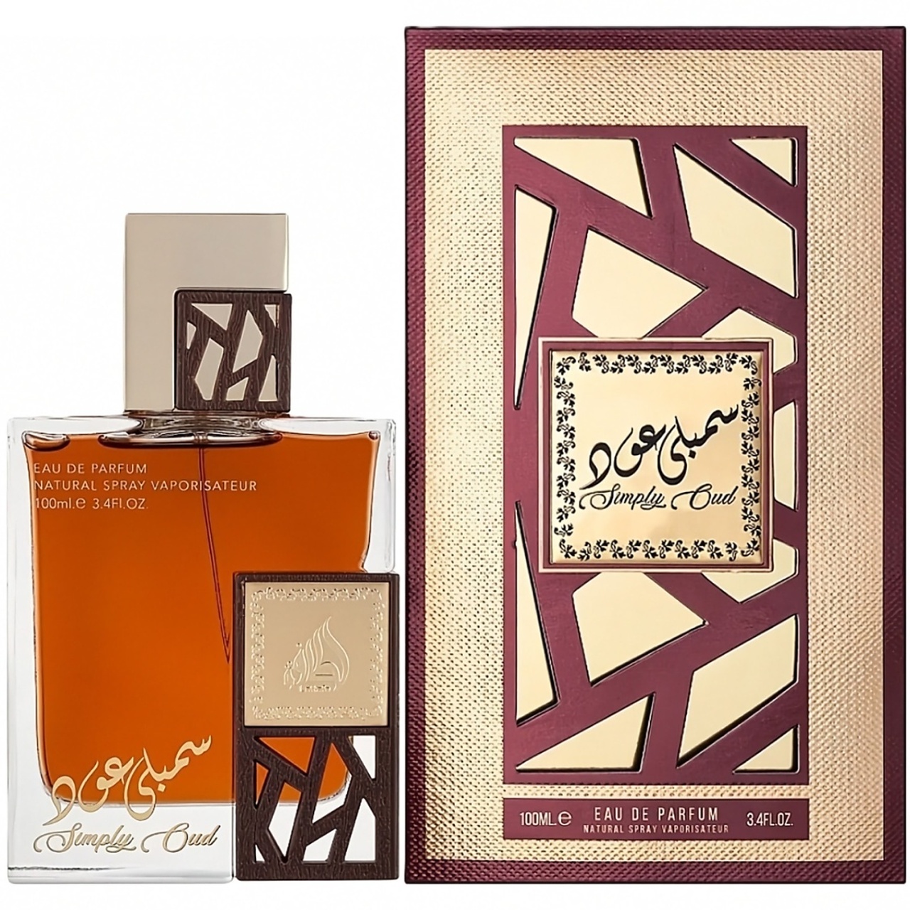 Simply Oud Lattafa 100 ml sticlă și cutie produs pe fundal alb