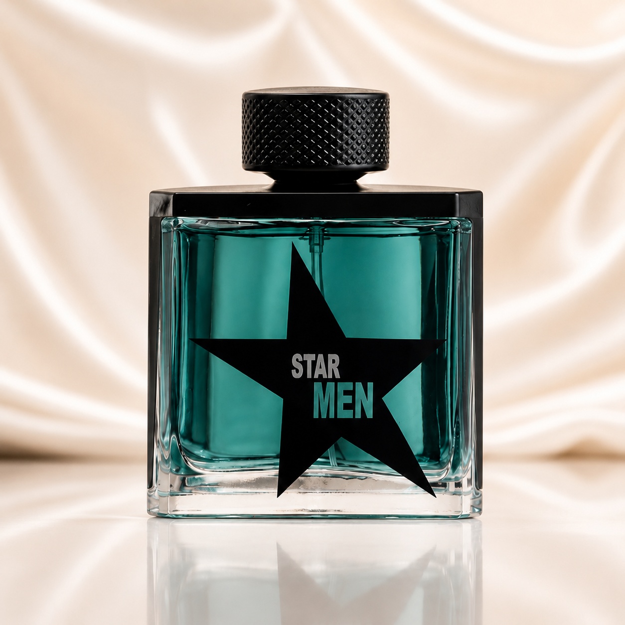 Flacon Star Men Fragrance World 100 ml Apă de Parfum pentru bărbați cu lichid turcoaz și capac negru texturat