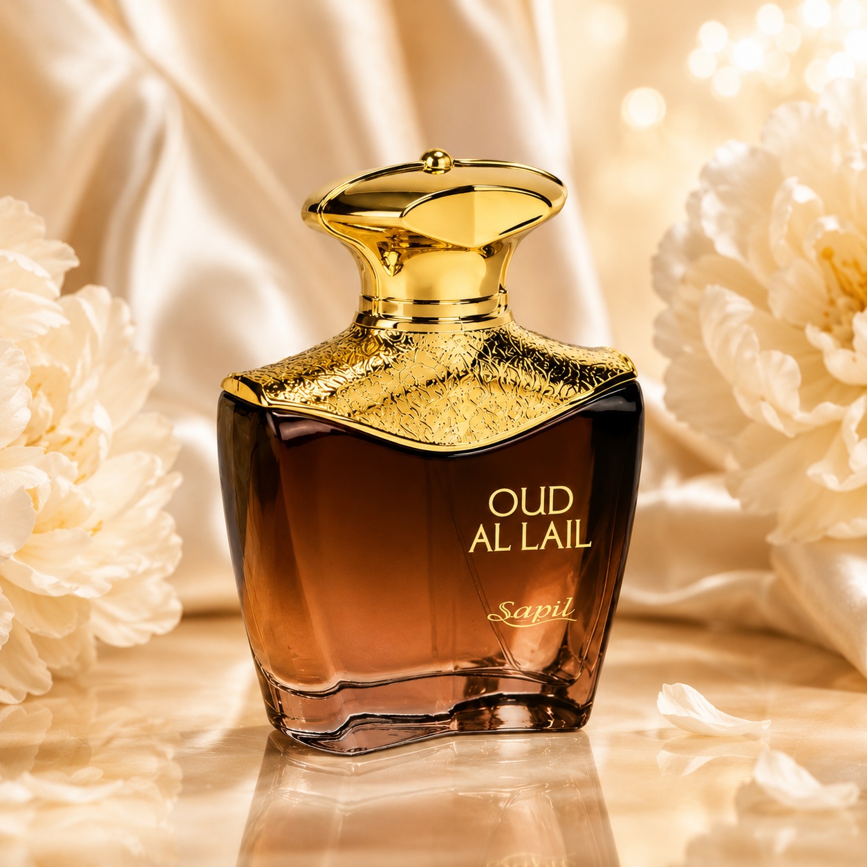 Sticlă Sapil Oud Al Lail, parfum arabesc unisex cu capac auriu și design luxos