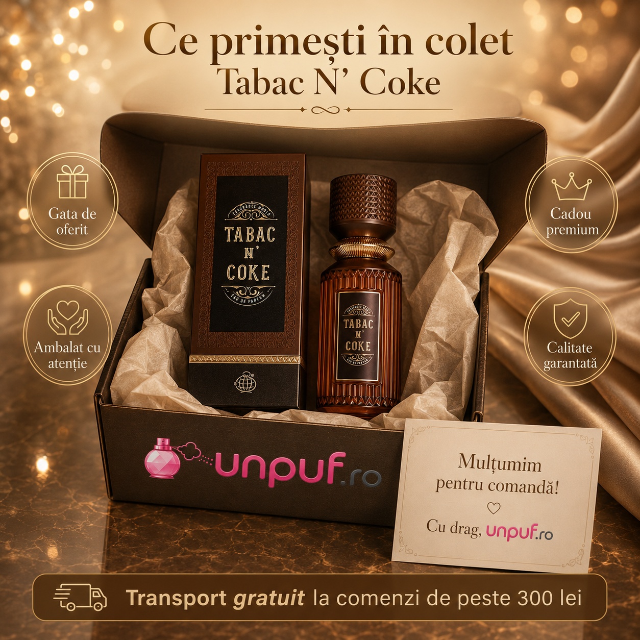 Ce primești &icirc;n colet Tabac N Coke Fragrance World parfum 100 ml ambalat cu atenție și pregătit pentru cadou