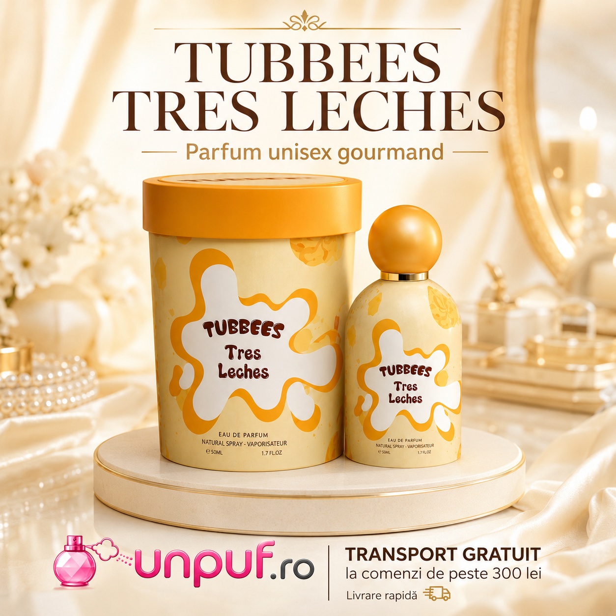 Tubbees Tres Leches prezentare comercială premium parfum unisex disponibil pe unpuf.ro cu transport gratuit peste 300 lei