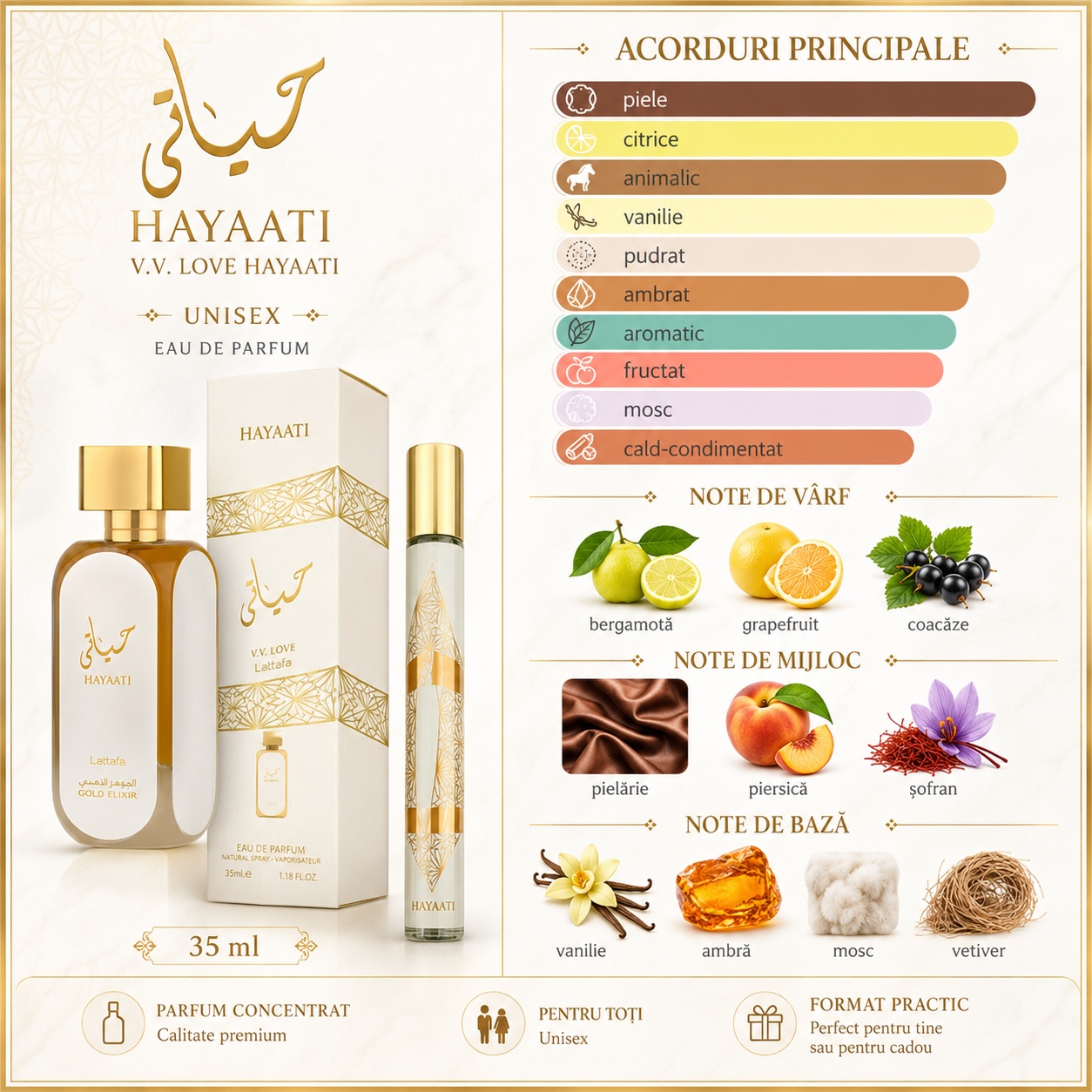Note olfactive parfum Hayaati Gold bergamotă grapefruit coacăze pielărie piersică șofran vanilie ambră mosc vetiver