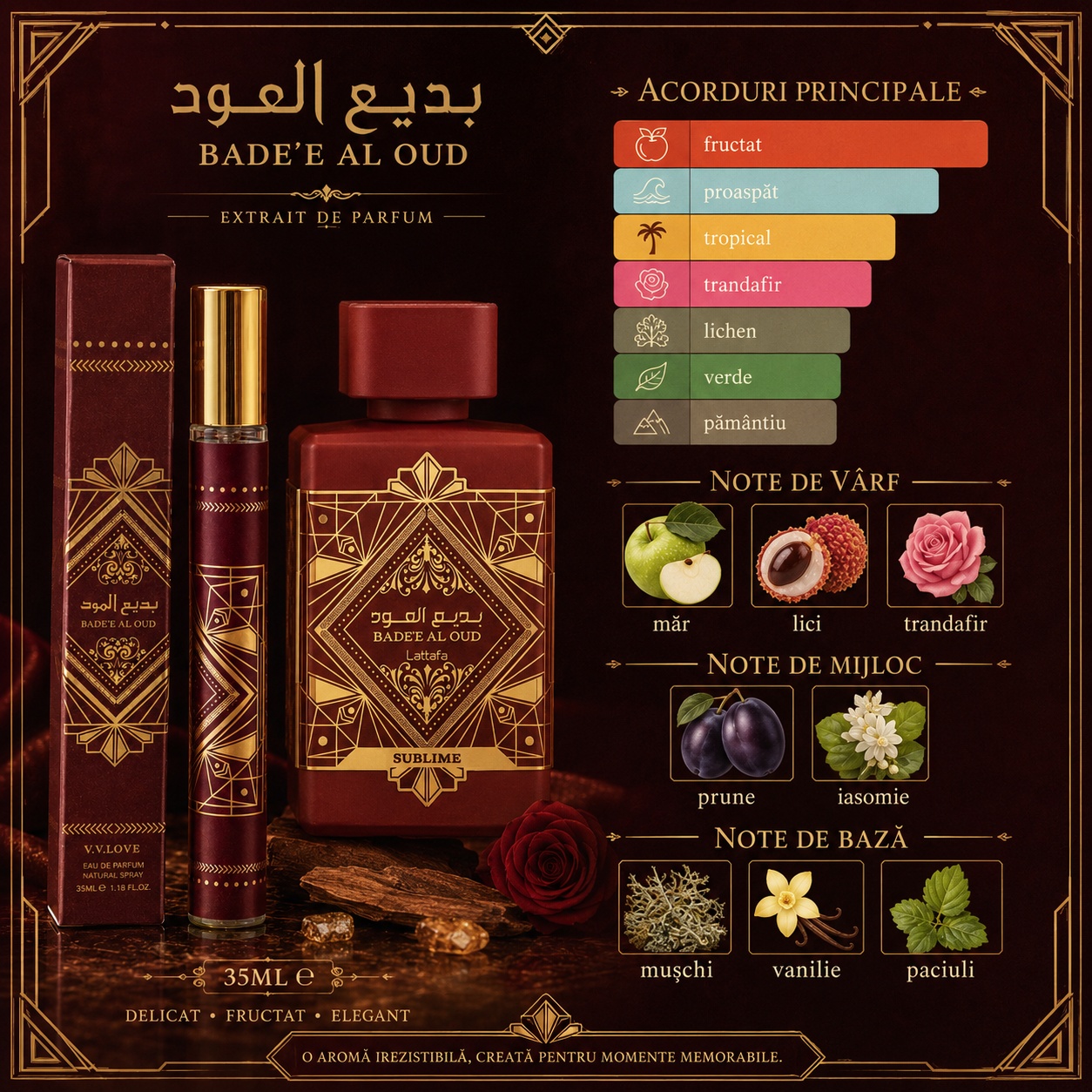 Note olfactive parfum Badee Al Oud măr lici trandafir prune iasomie mușchi vanilie paciuli