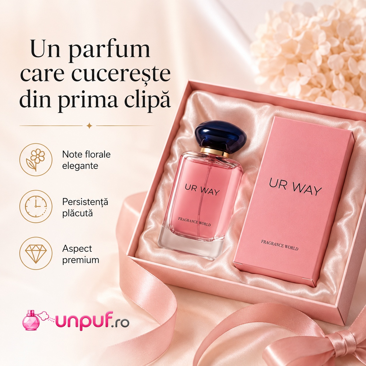 UR Way Fragrance World parfum care cucerește din prima clipă cu note florale elegante persistență plăcută și aspect premium