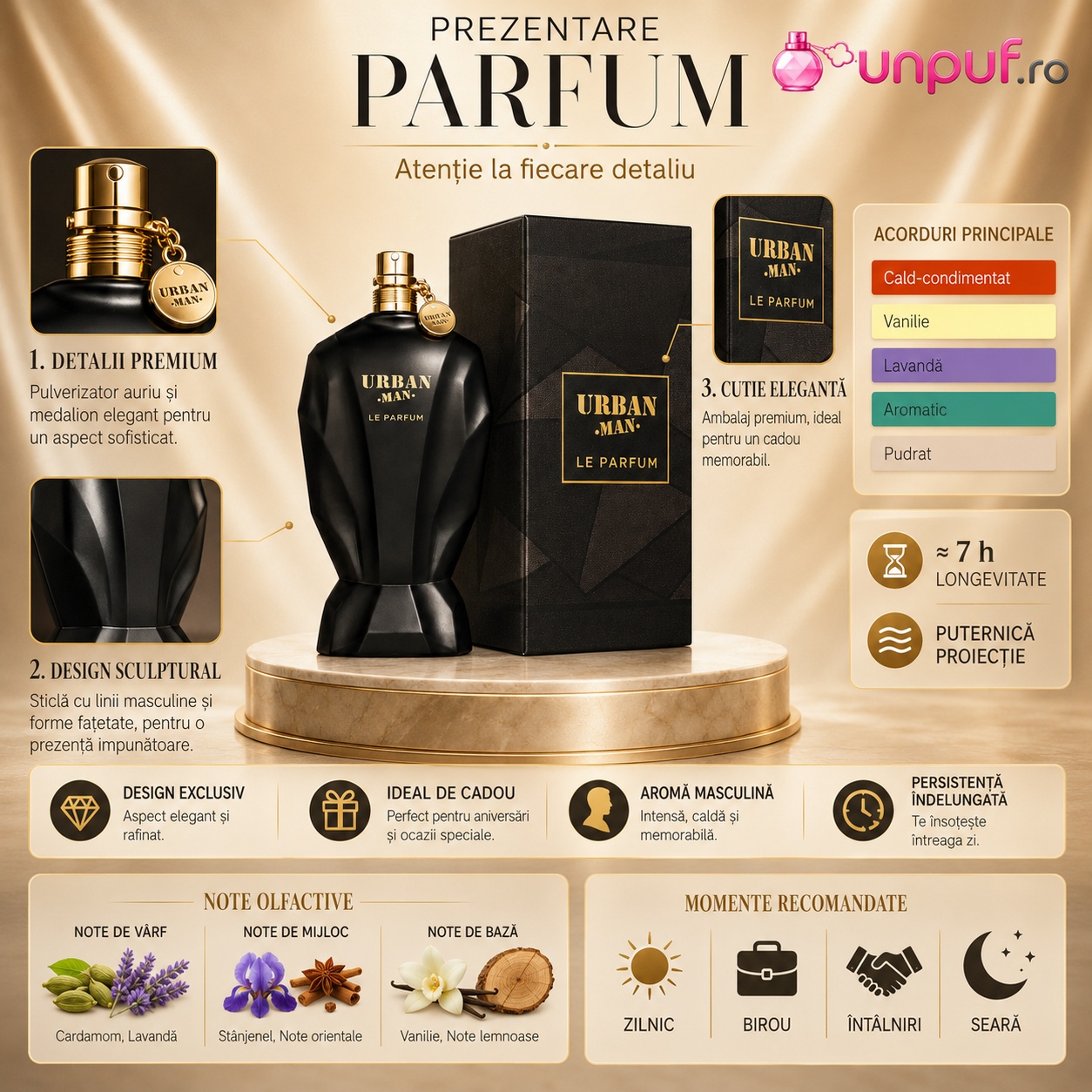 Prezentare parfum Urban Man Le Parfum Fragrance World cu design negru premium, detalii aurii, note olfactive și momente recomandate