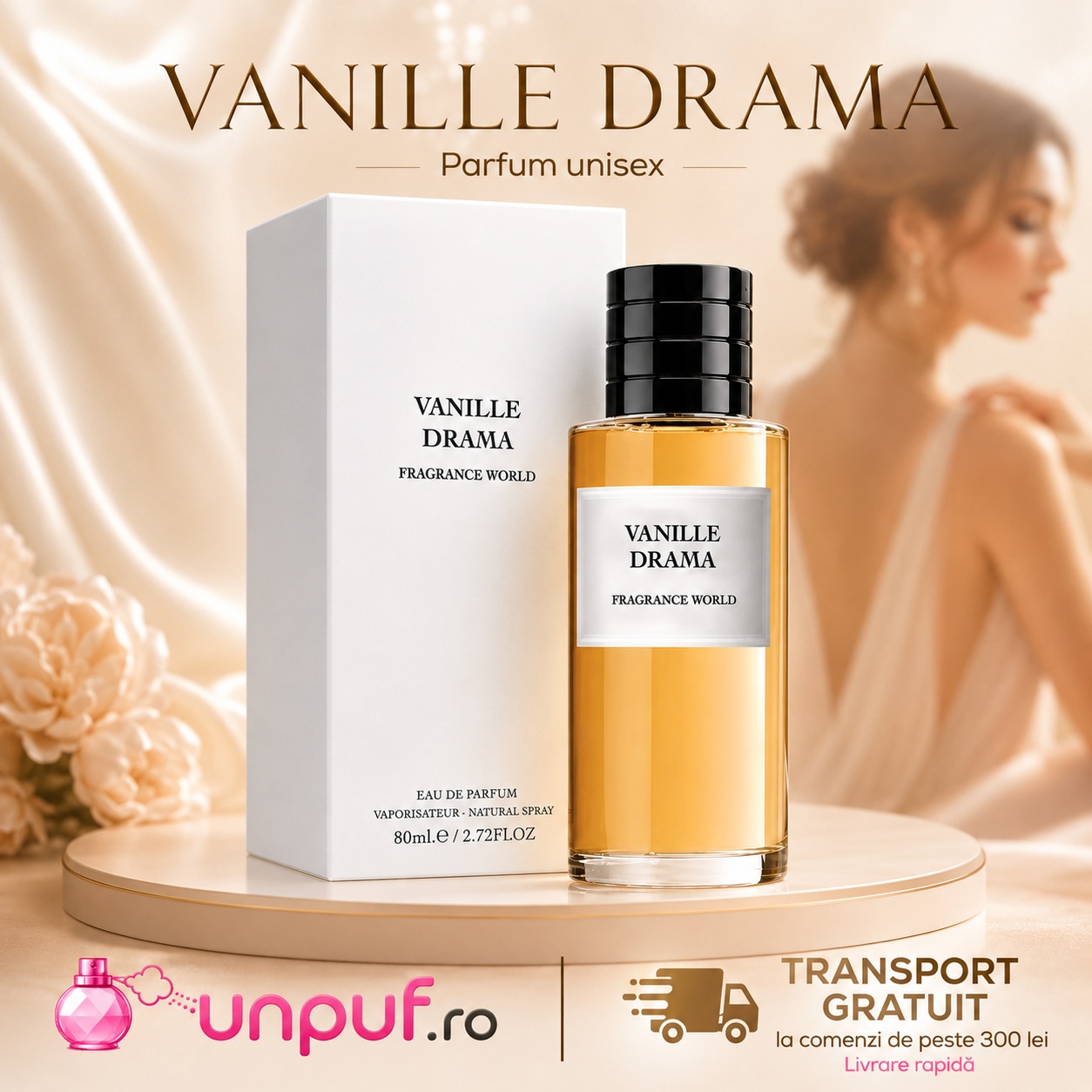 Vanille Drama Fragrance World parfum unisex cald, vanilat și sofisticat cu prezentare premium