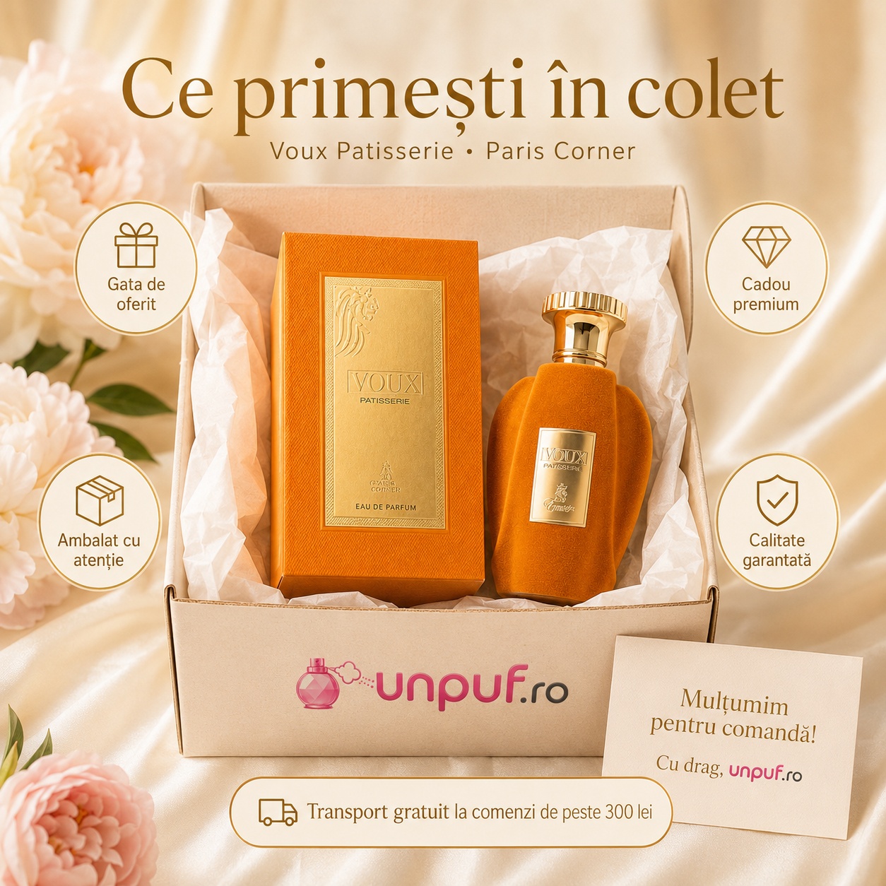 Ce primești &icirc;n colet Parfum Voux Patisserie Emir 100 ml ambalat premium pentru cadou