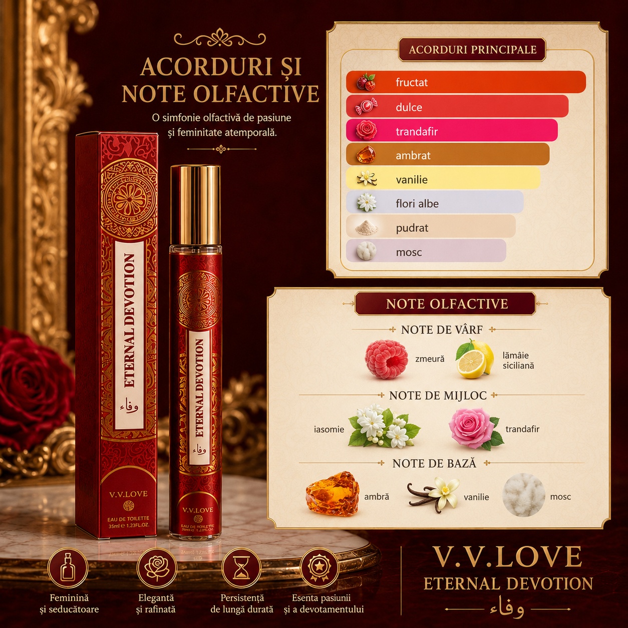 Note olfactive parfum Eternal Devotion zmeură lăm&acirc;ie siciliană iasomie trandafir ambră vanilie mosc
