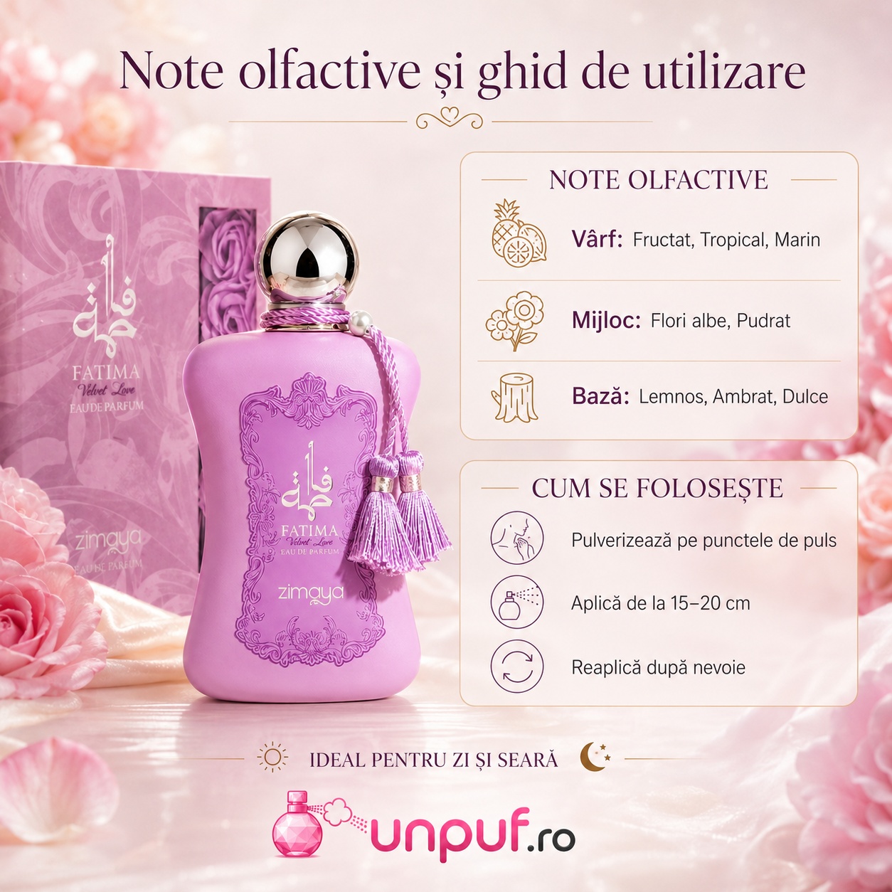 Note olfactive Zimaya Fatima Velvet Love parfum de damă cu acorduri fructate tropicale marine flori albe pudrat lemnos ambrat și dulce