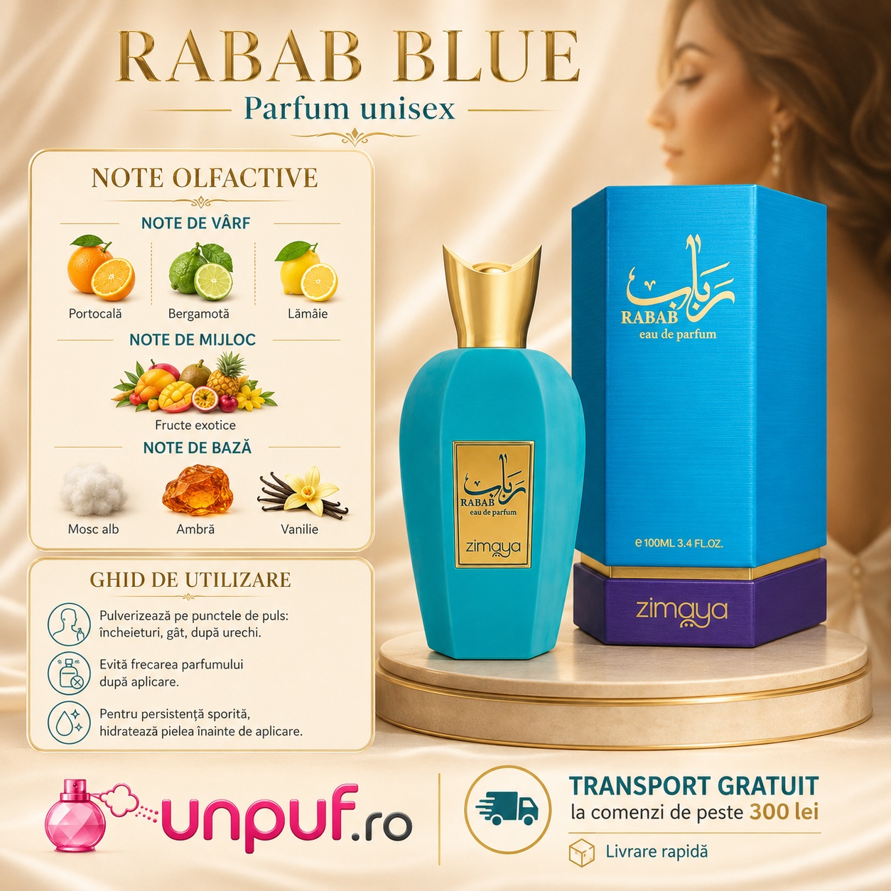 Note olfactive Zimaya Rabab Blue parfum unisex fresh cu citrice fructe exotice mosc alb ambră și vanilie