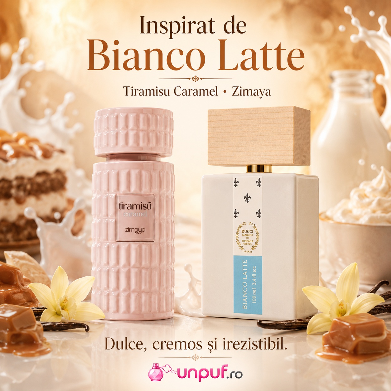 Zimaya Tiramisu Caramel inspirat de Bianco Latte parfum dulce cremos și irezistibil cu vanilie caramel și note gurmande