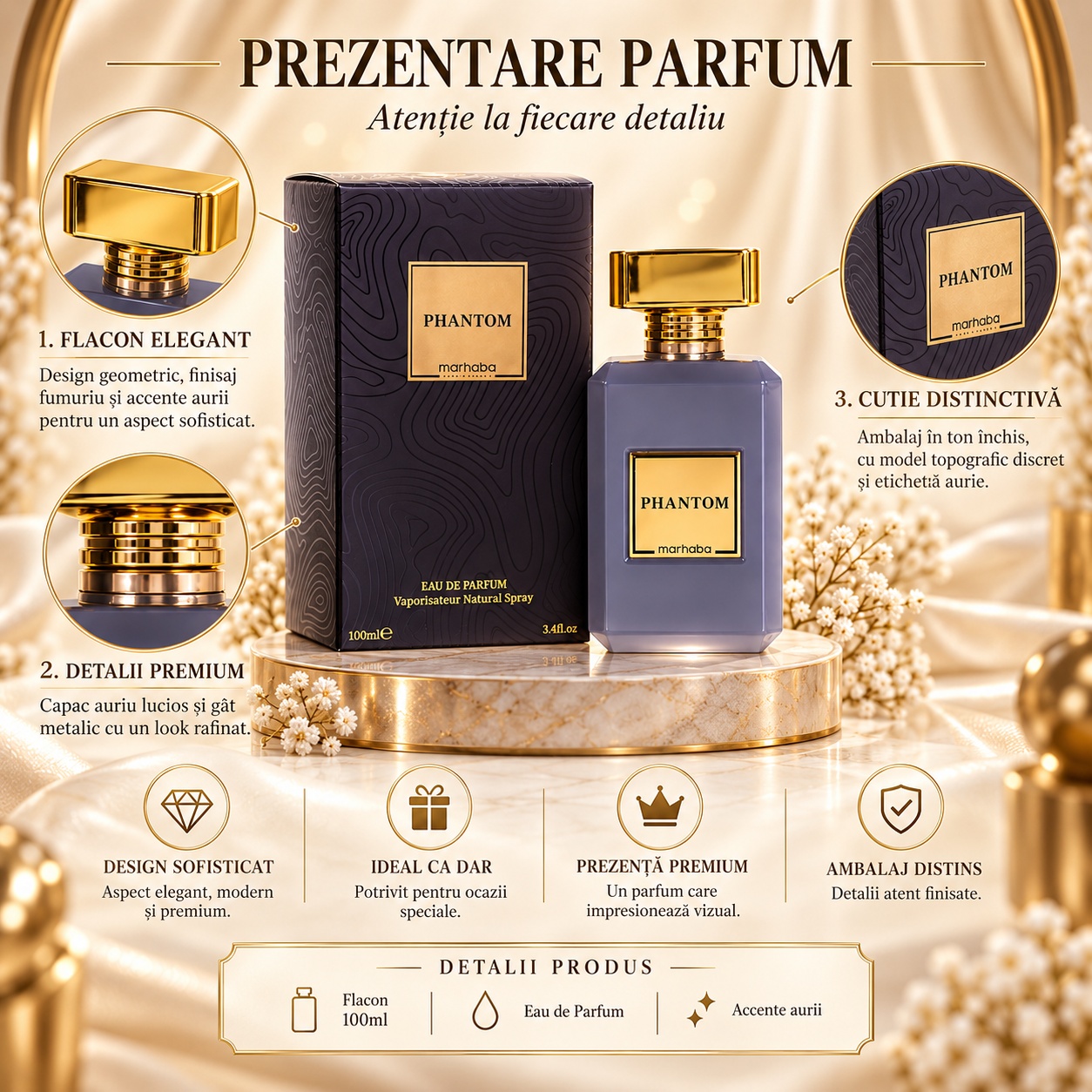 Phantom Marhaba prezentare parfum cu detalii despre flacon capac cutie și ambalaj