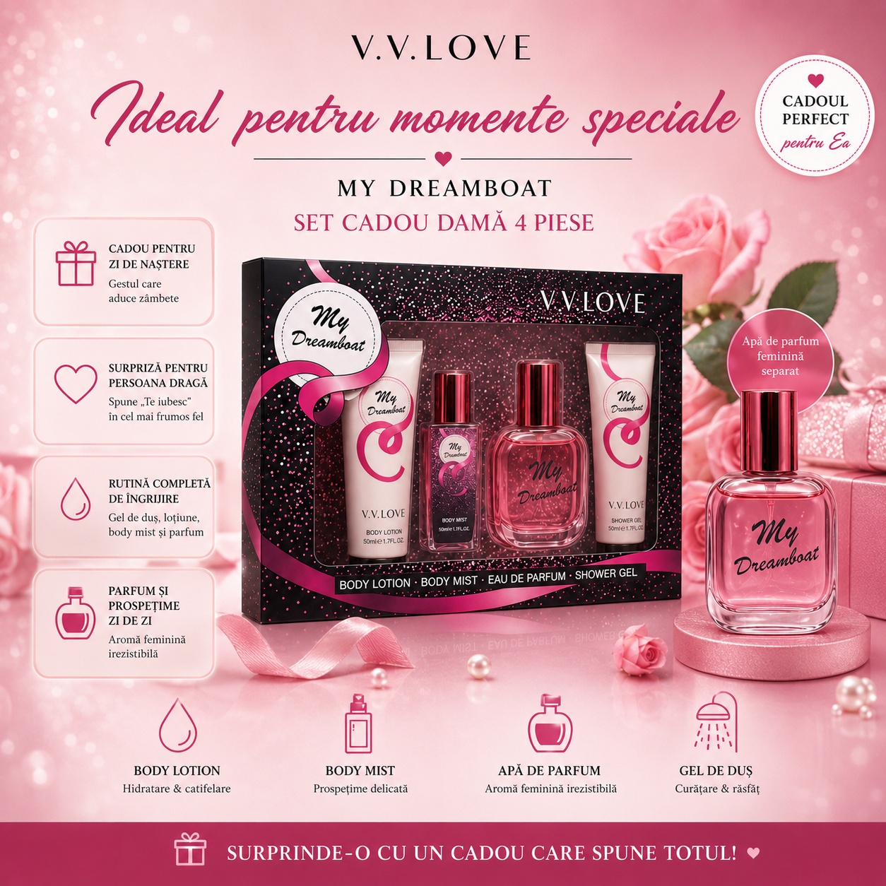 V.V. Love My Dreamboat set cadou damă ideal pentru momente speciale