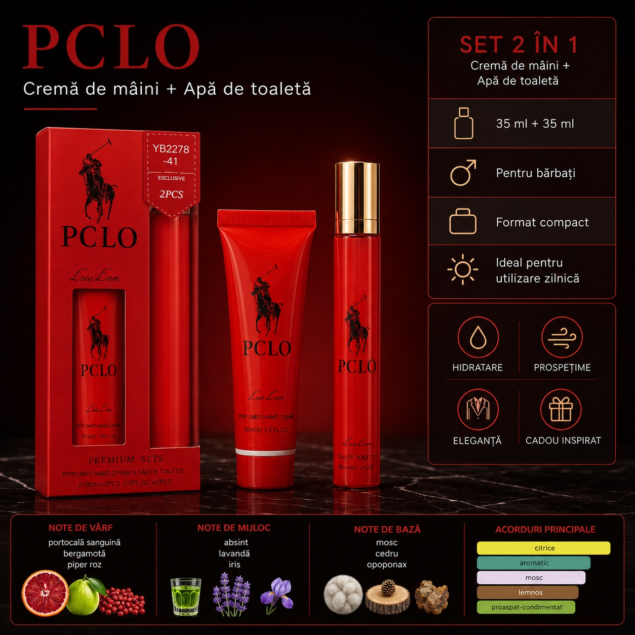 Set PCLO cremă de m&acirc;ini și apă de toaletă 35 ml plus 35 ml pentru bărbați, format compact și cadou inspirat