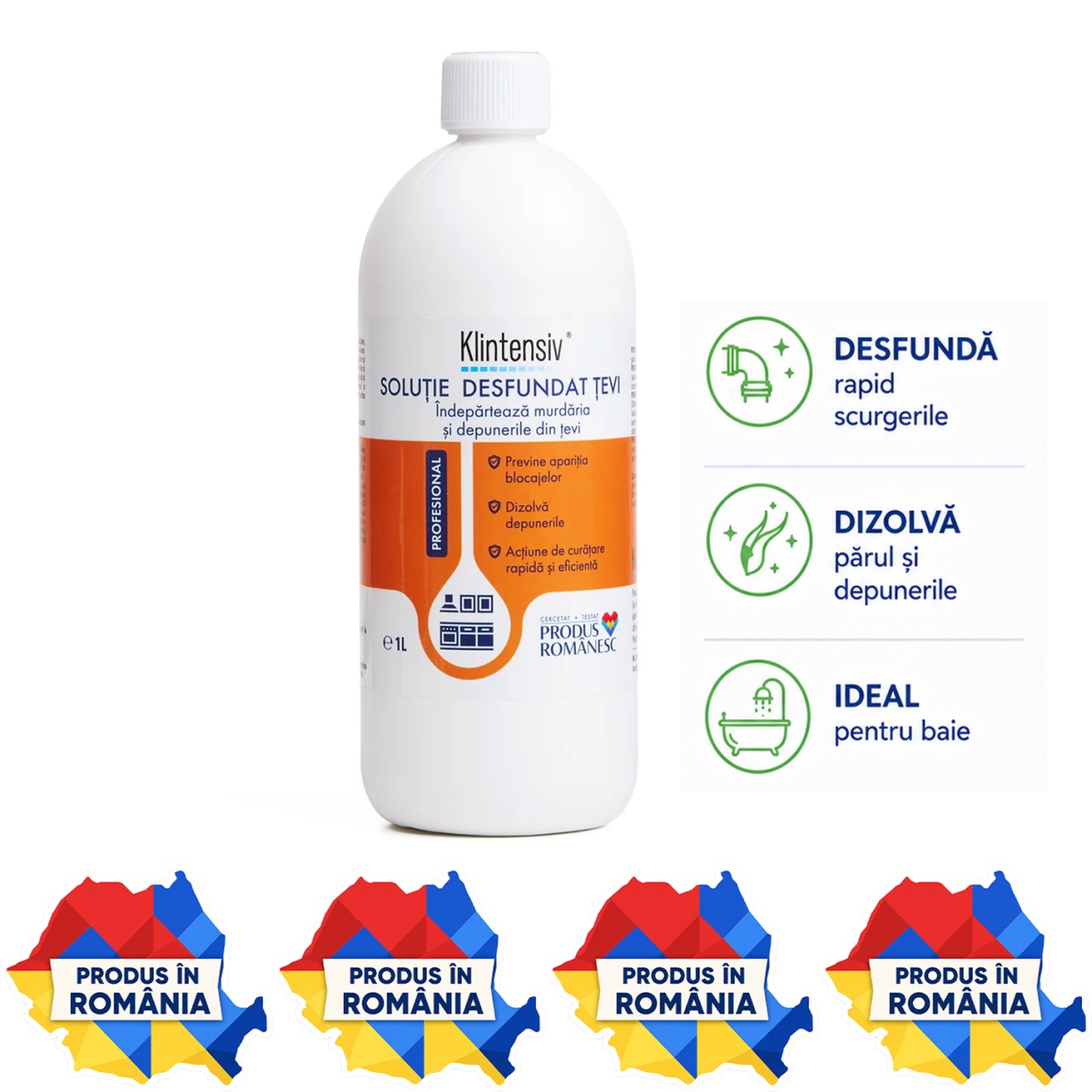 Soluție desfundat țevi Klintensiv profesională concentrată 1 L pentru scurgeri chiuvete lavoare și dușuri