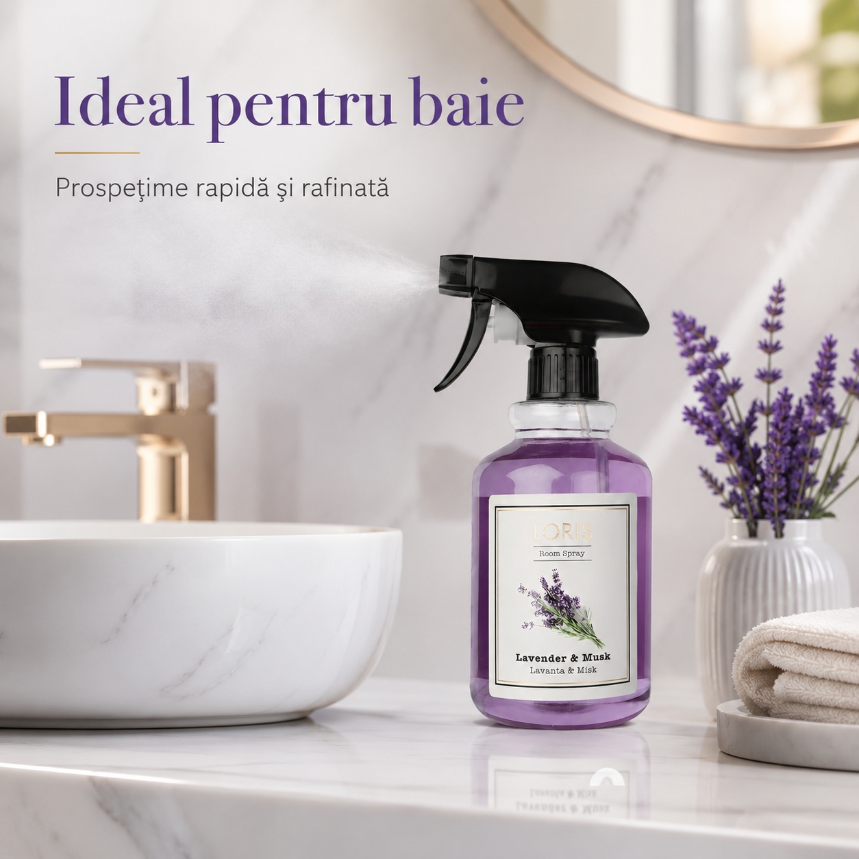 Spray Odorizant Loris Pafum Lavender & Musk ideal pentru baie prospețime rapidă