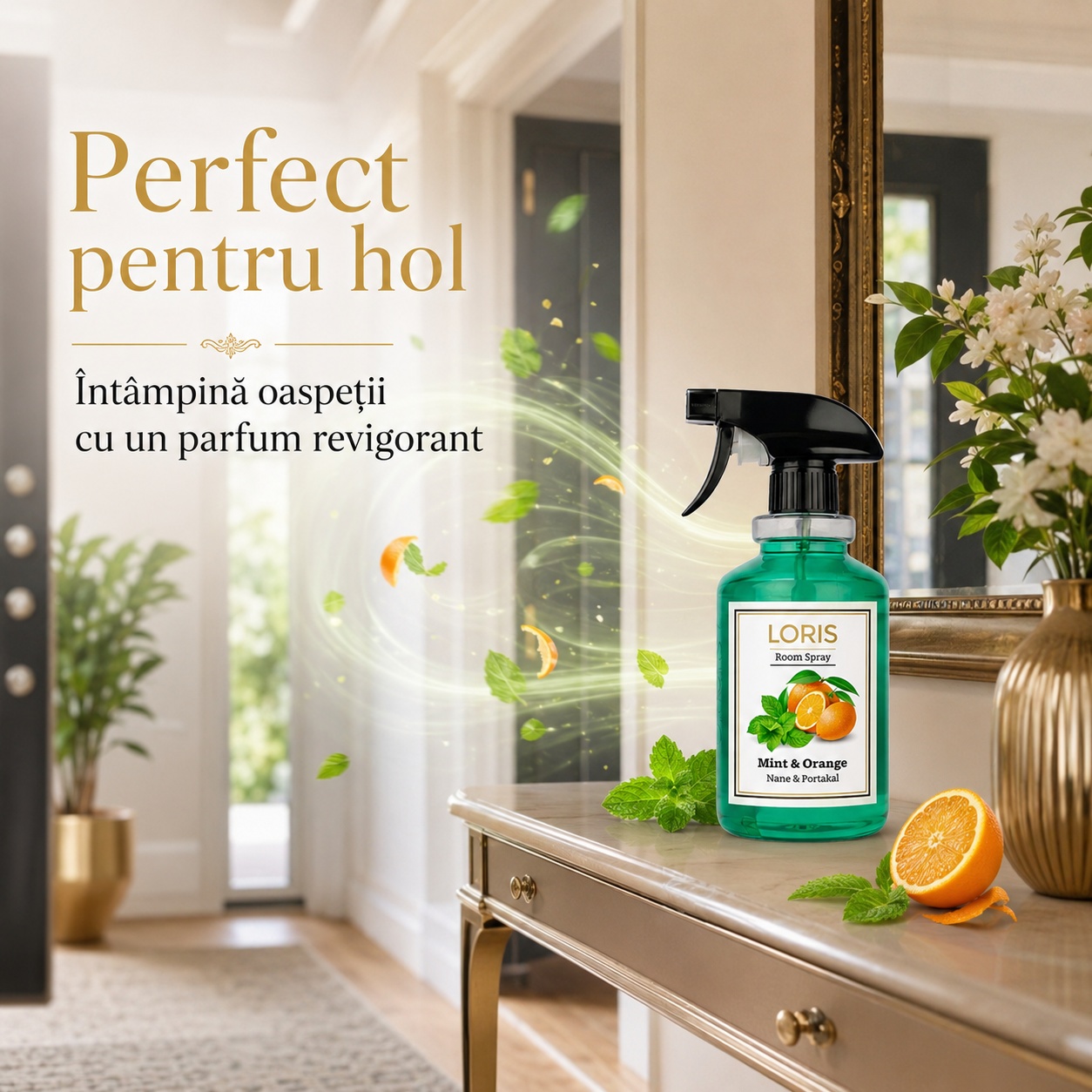 Spray Odorizant Loris Pafum Mint și Orange perfect pentru hol parfum revigorant pentru oaspeți