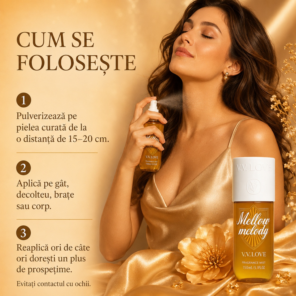 Cum se folosește spray parfumat pentru corp V.V. Love Mellow Melody 150 ml