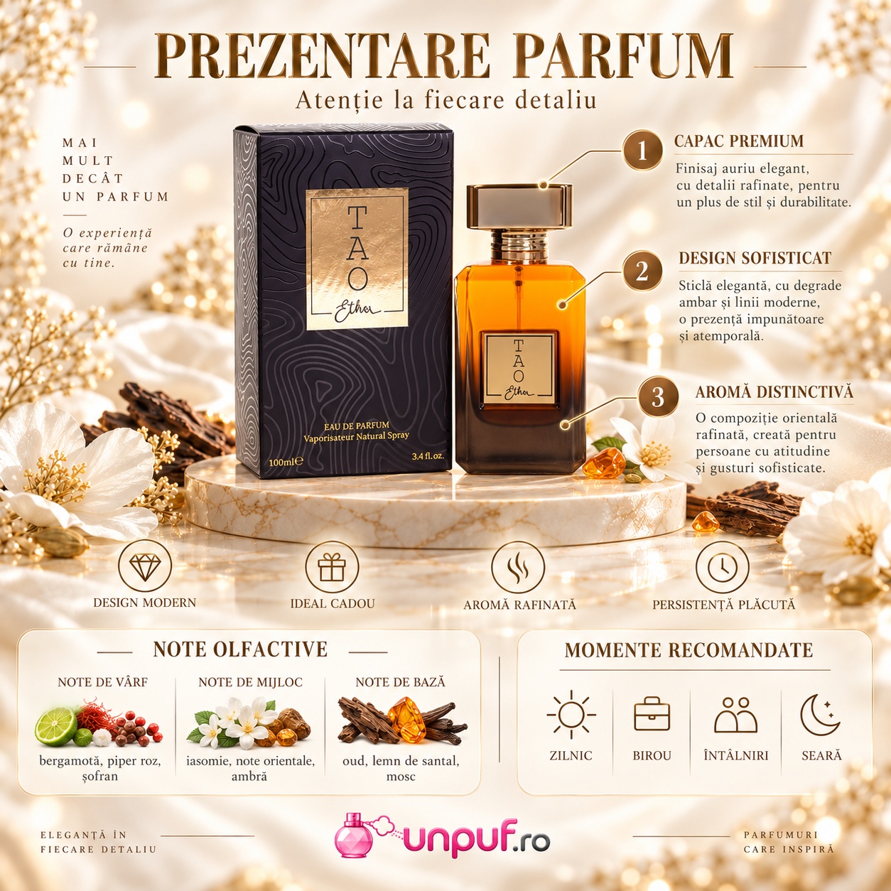 Prezentare TAO Ether x Marhaba parfum cu detalii de ambalaj, pulverizator, aromă rafinată și momente recomandate